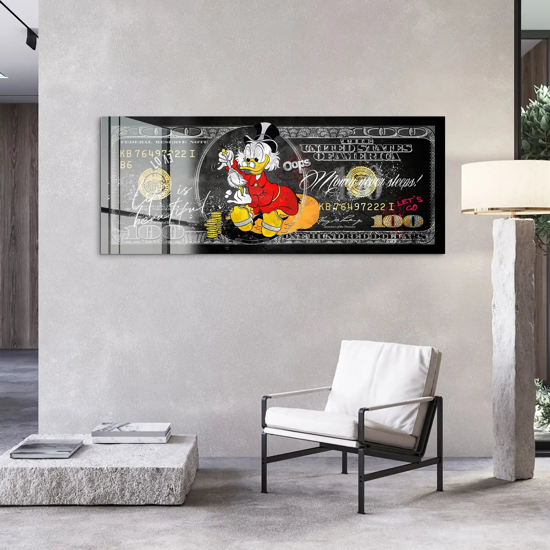 Dagobert Money Never Sleeps Dollar Black Acrylglas Bild INGALERIE