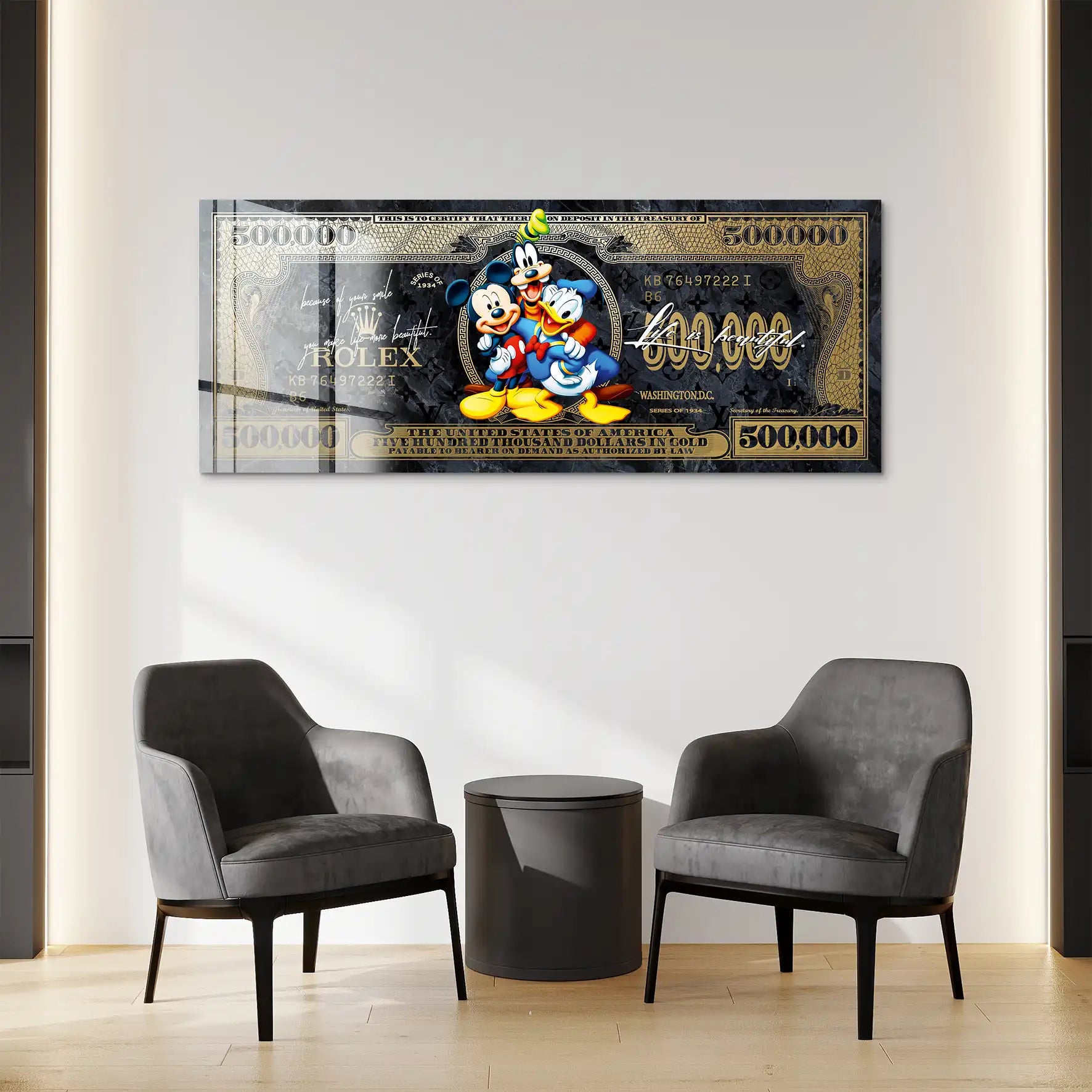 Micky Goofy Donald Gold Dollar Acrylglas Bild INGALERIE