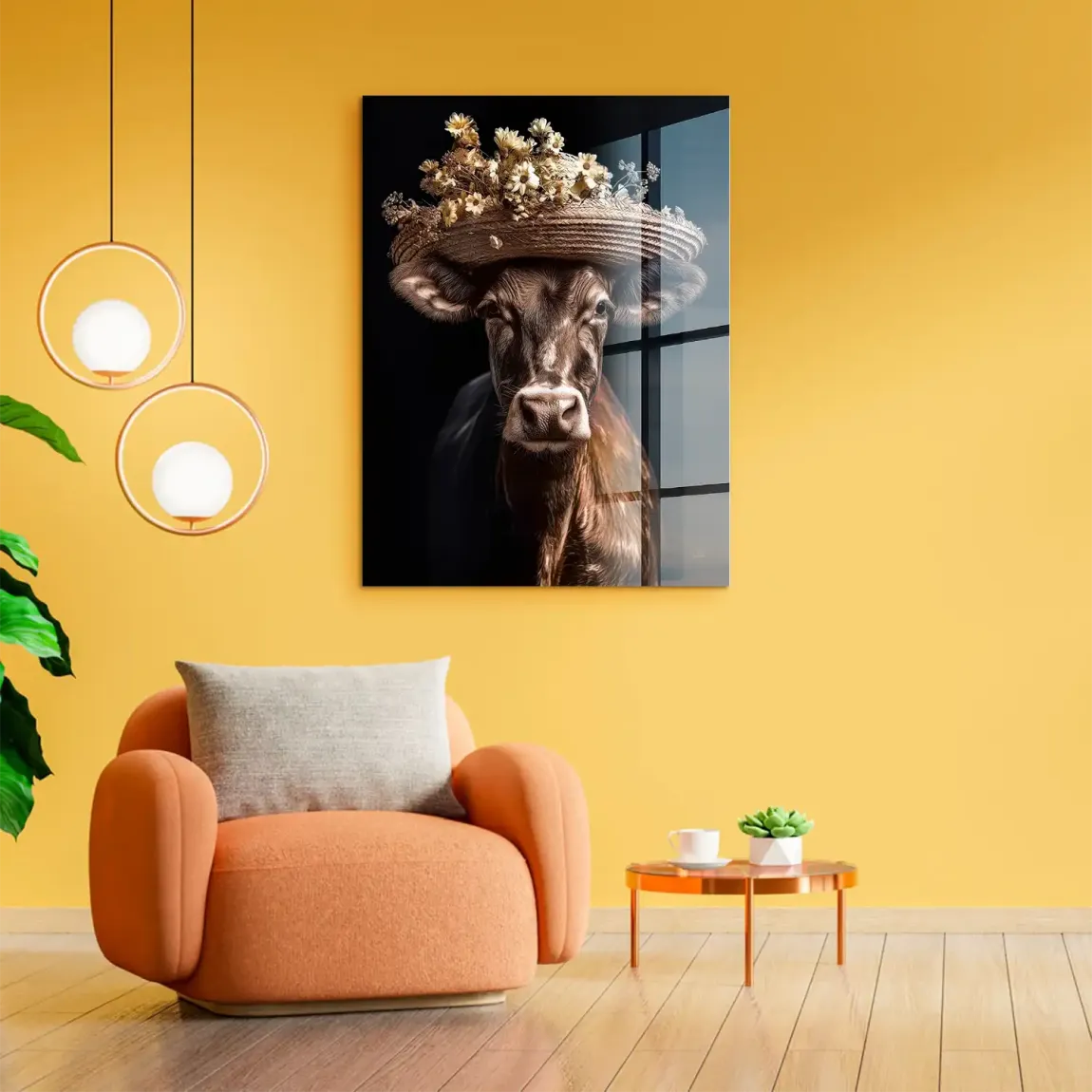 Kuh mit Strohhut Acrylglasbild