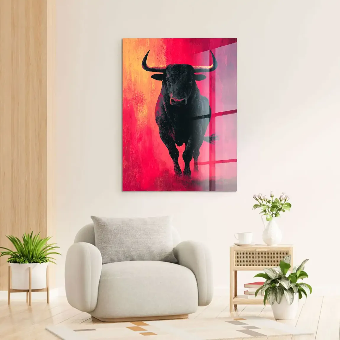 Stier in Rot Acrylglasbild