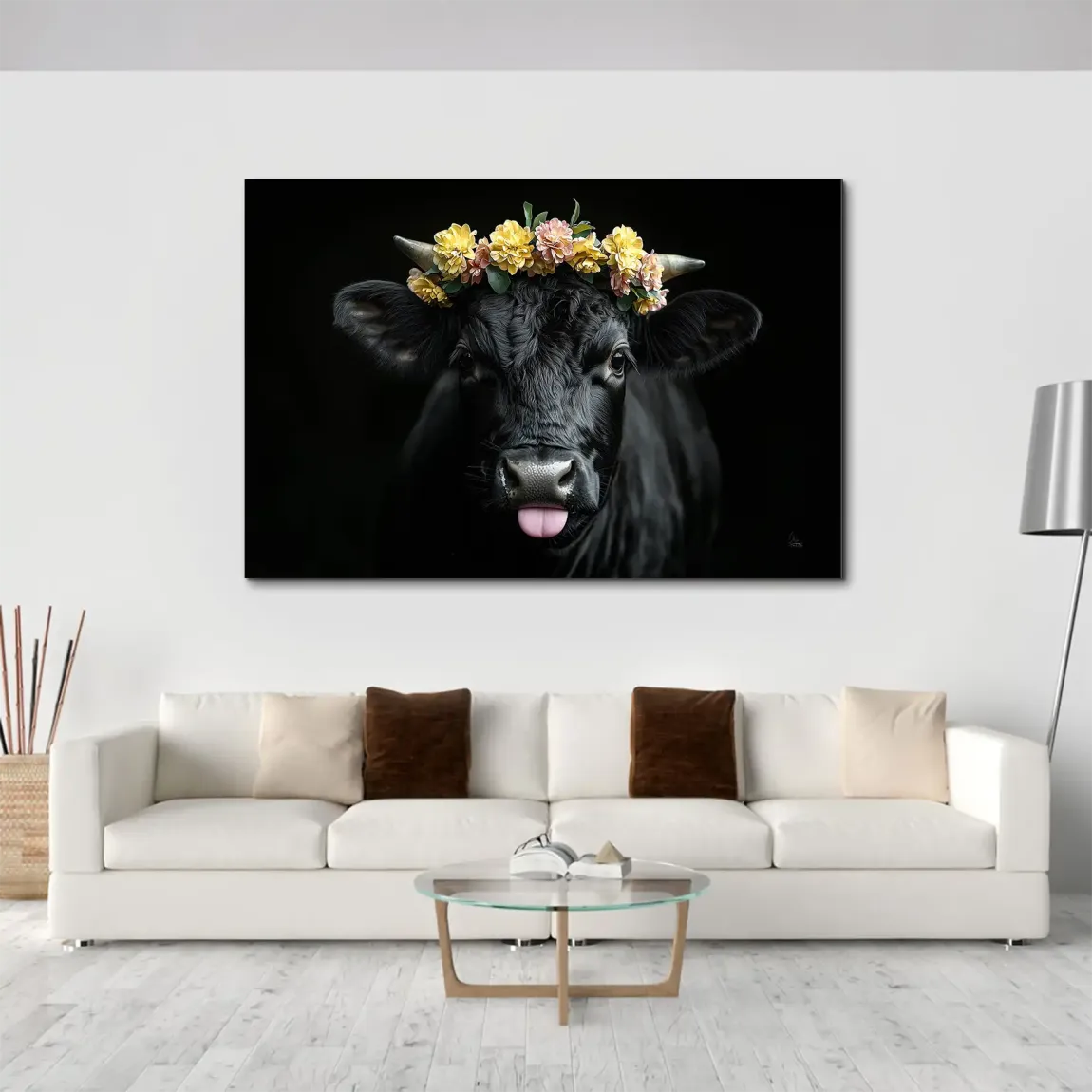 Blumige Kuh AluDibond Wandbild