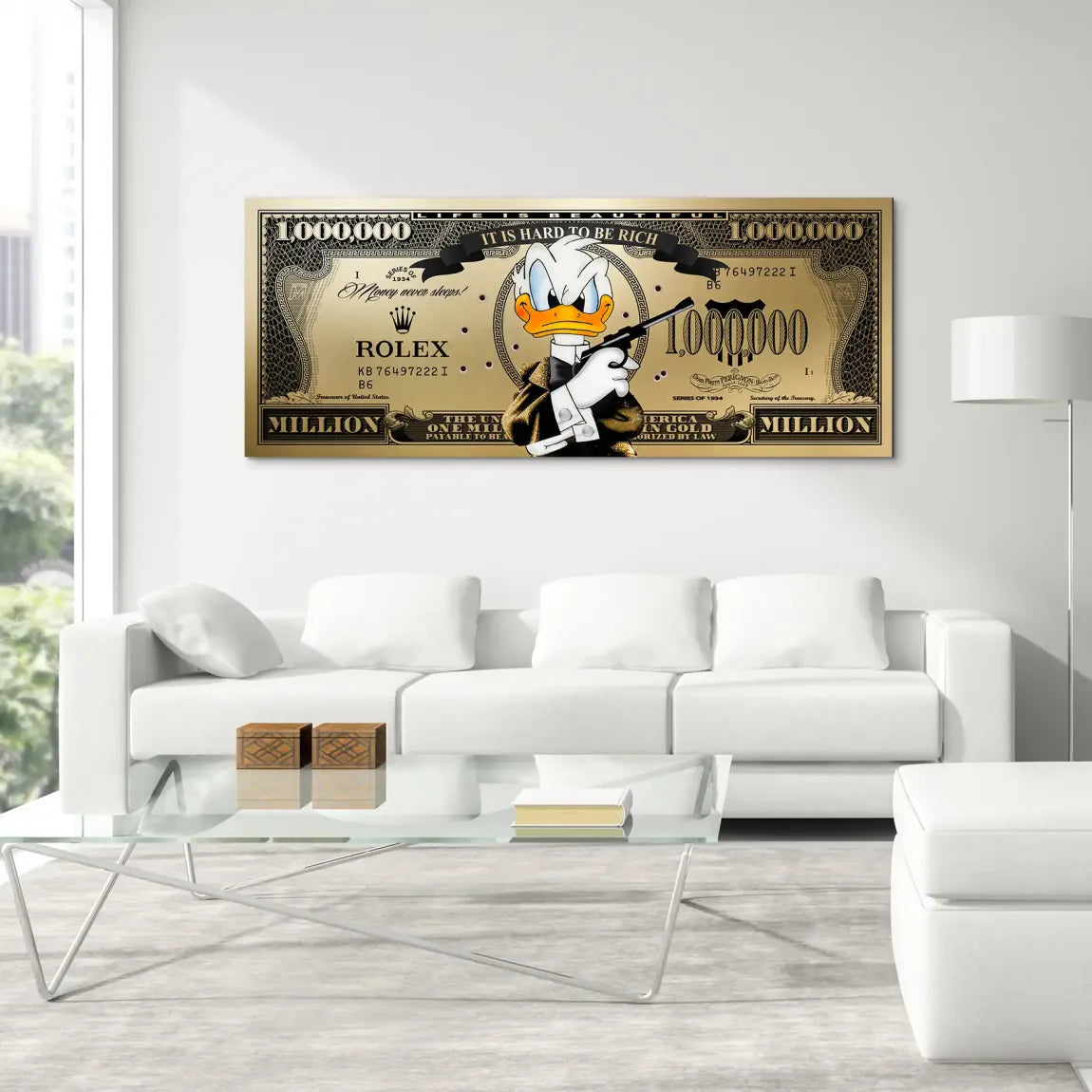 Donald Duck Goldfinger Instinct Pop Art Dollar AluDibond Bild INGALERIE