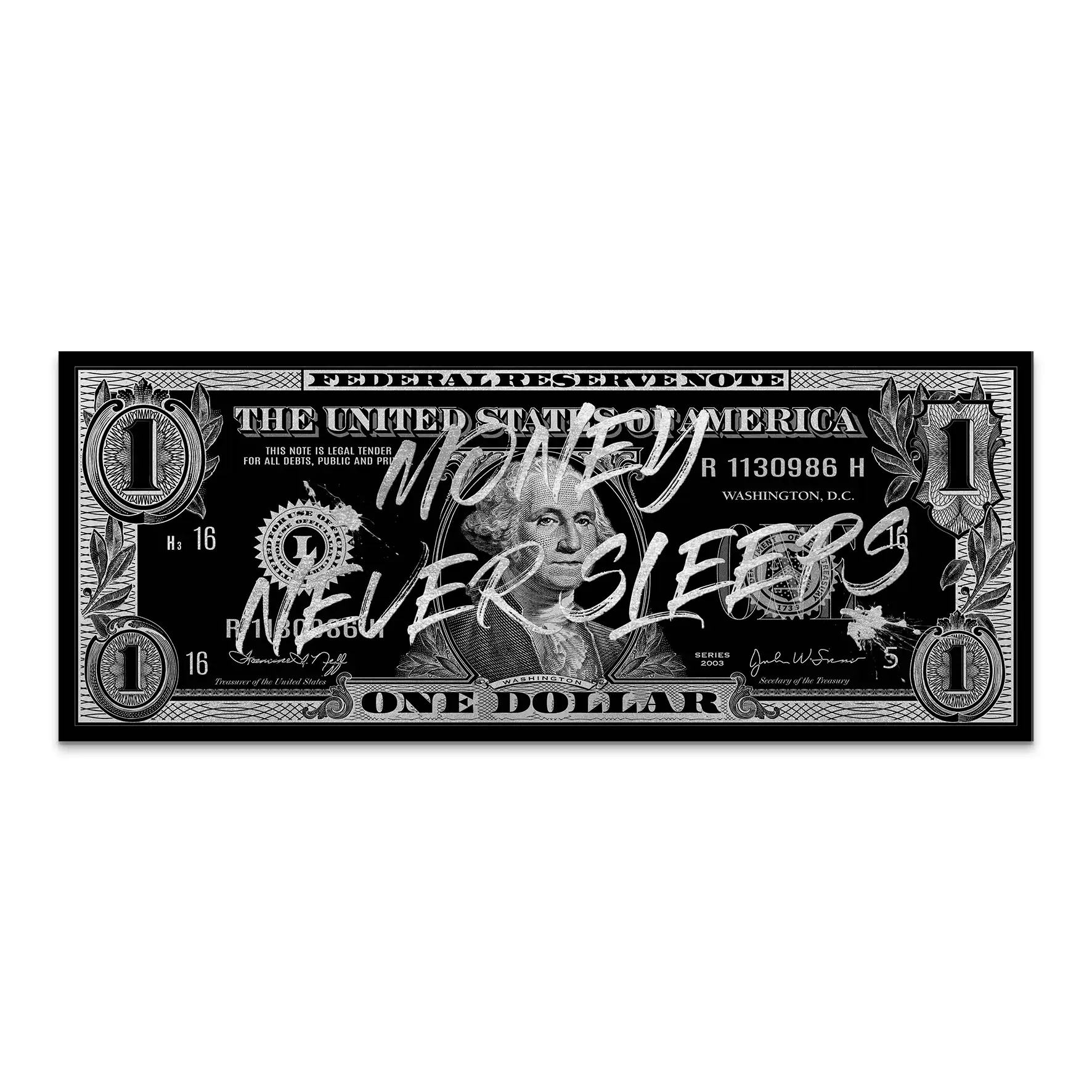Monney Never Sleeps Dollar Silver AluDibond Bild INGALERIE