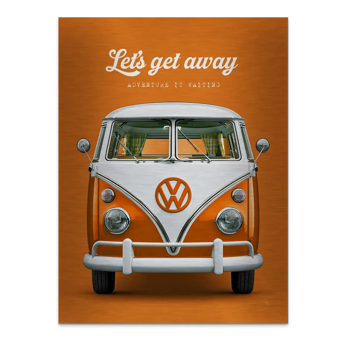 Orange VW Bulli Aluminiumbild gebürstet