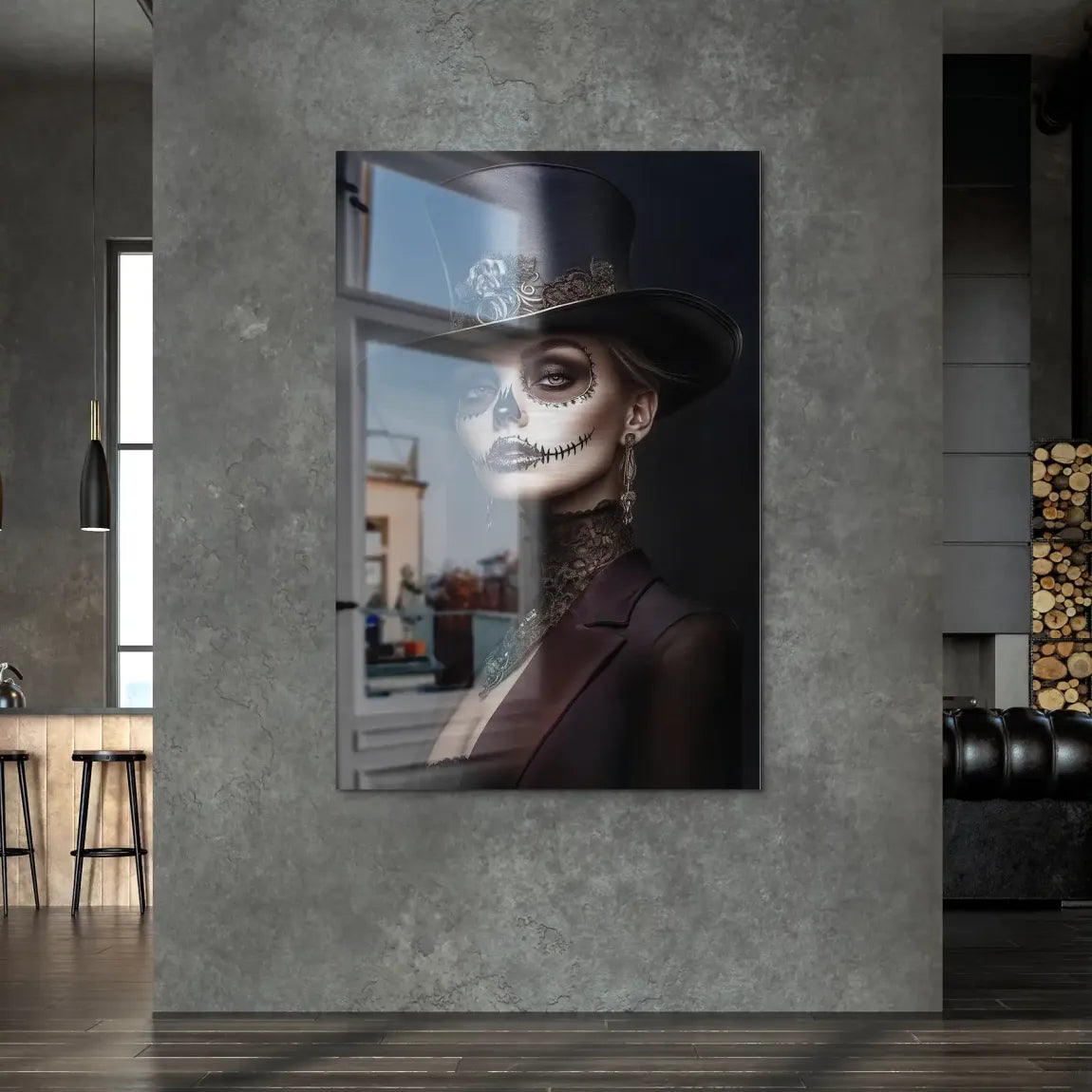 Elegante Lady mit Totenkopf-Make-up Alu Dibond Bild gebürstet INGALERIE