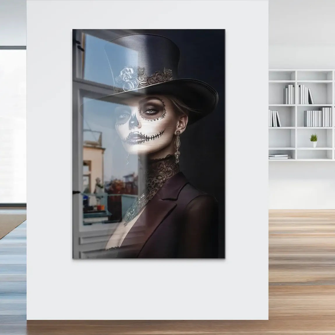 Elegante Lady mit Totenkopf-Make-up Alu Dibond Bild gebürstet INGALERIE