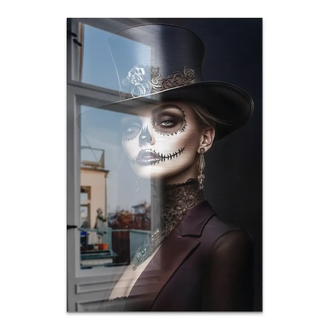Elegante Lady mit Totenkopf-Make-up Alu Dibond Bild gebürstet INGALERIE