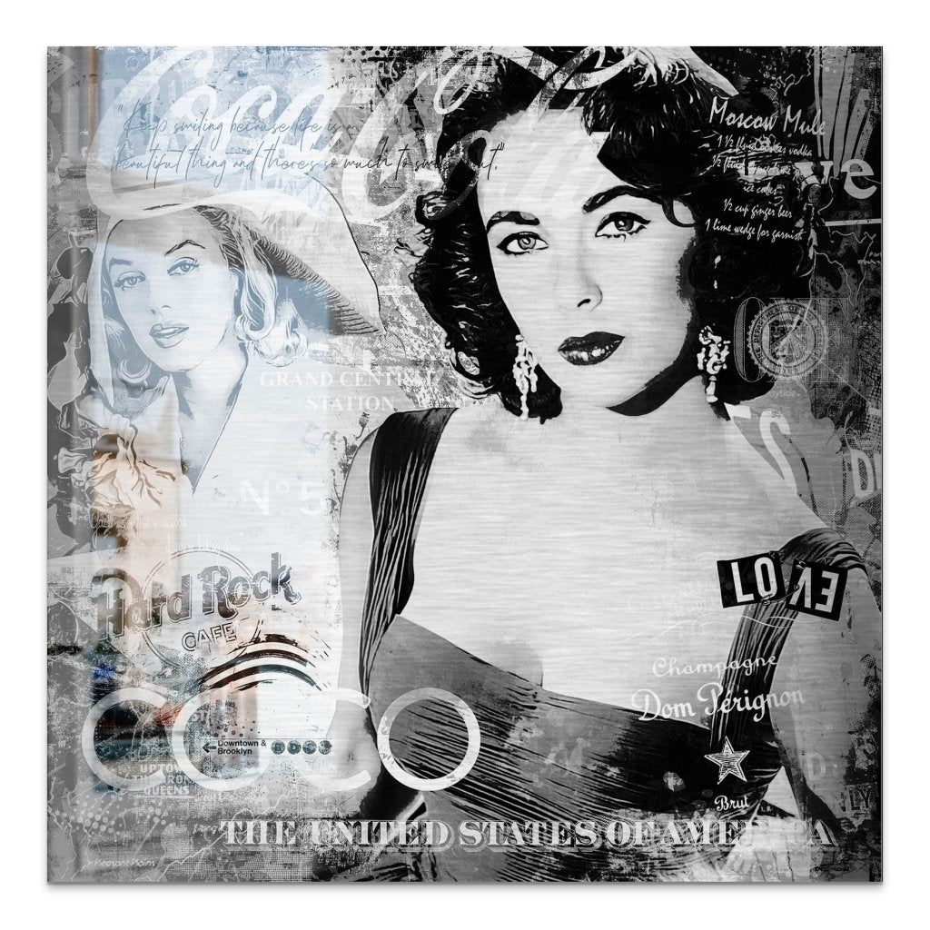 Marilyn & Liz Black Pop Art Style Alu Gebürstet Bild INGALERIE