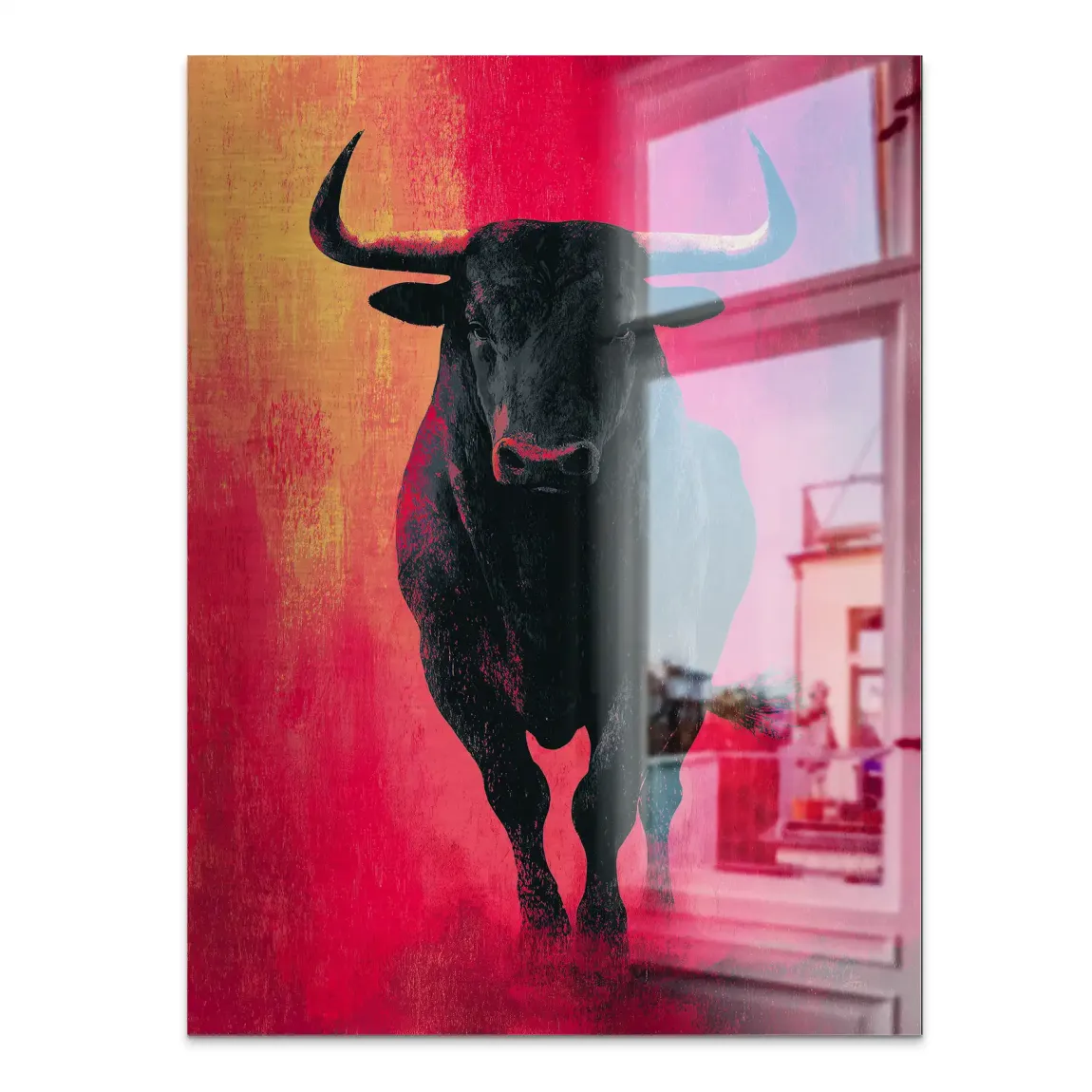 Stier in Rot Aluminiumbild gebürstet