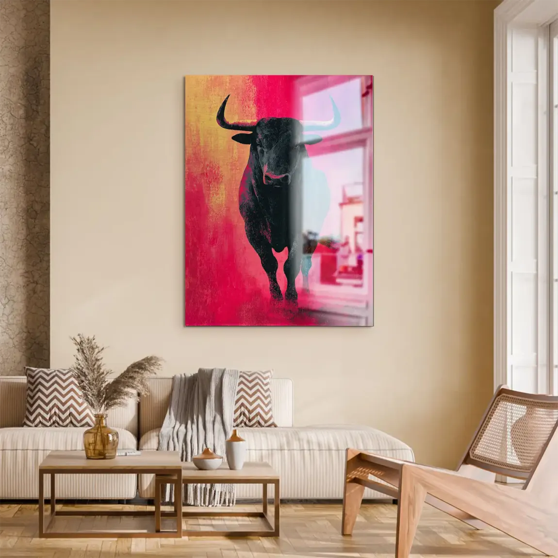 Stier in Rot Aluminiumbild gebürstet