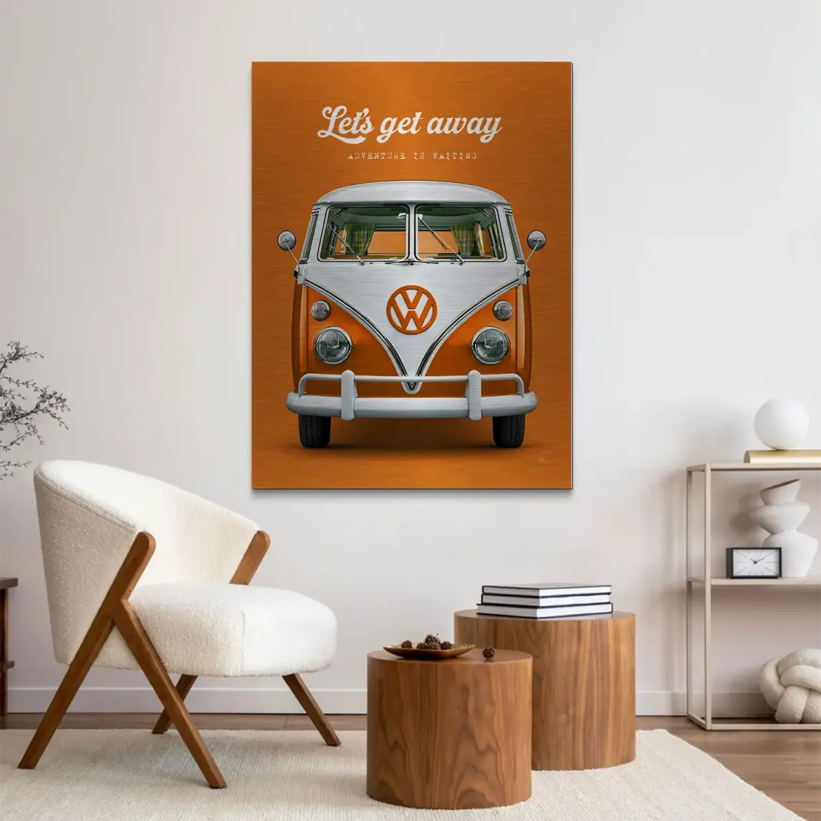 Orange VW Bulli Aluminiumbild gebürstet