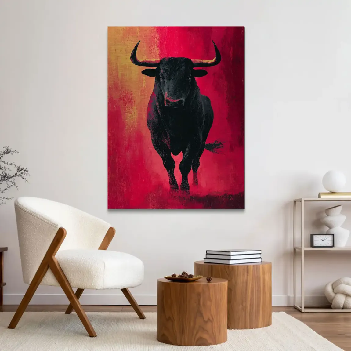 Stier in Rot Aluminiumbild gebürstet