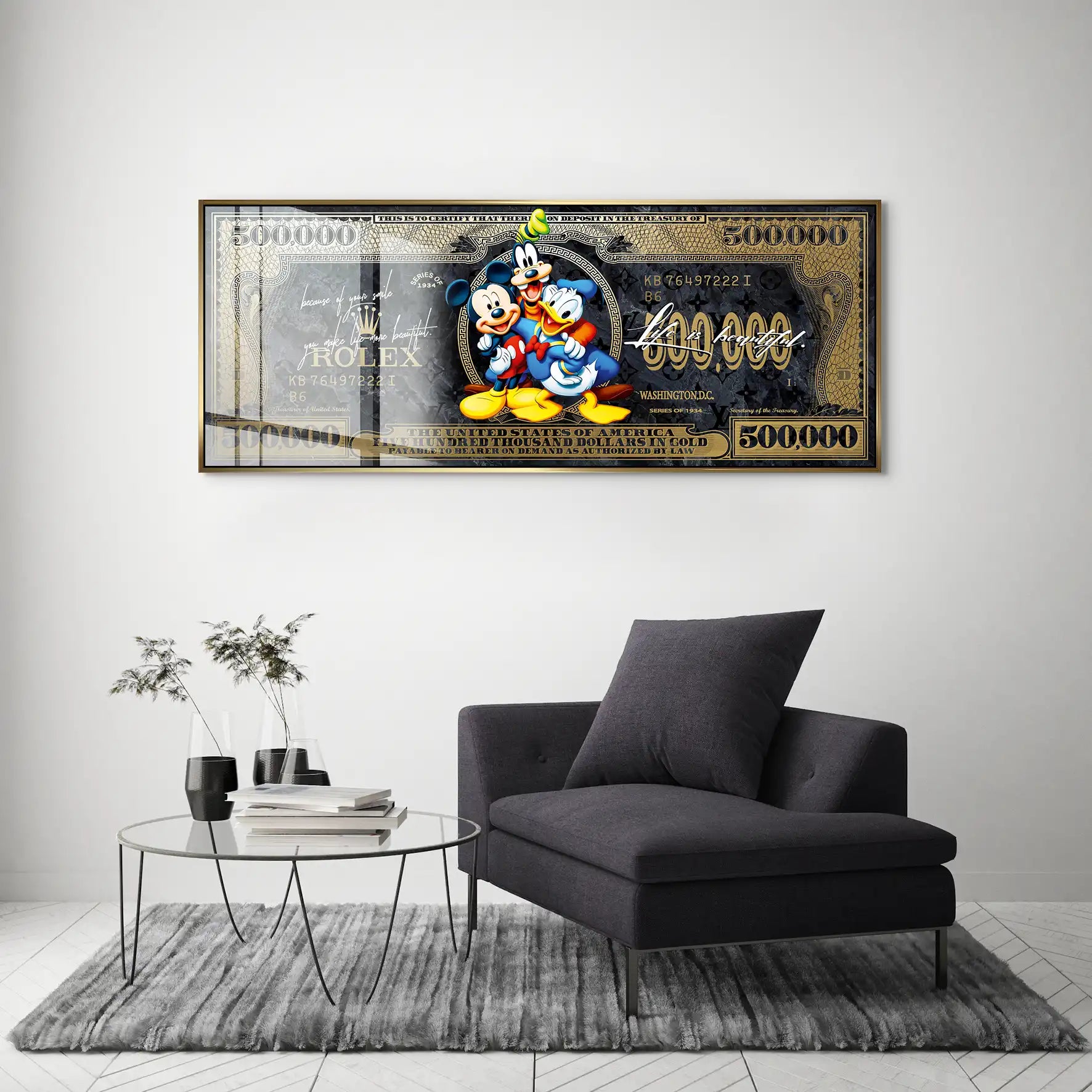 Micky Goofy Donald Gold Dollar Acrylglas Bild INGALERIE