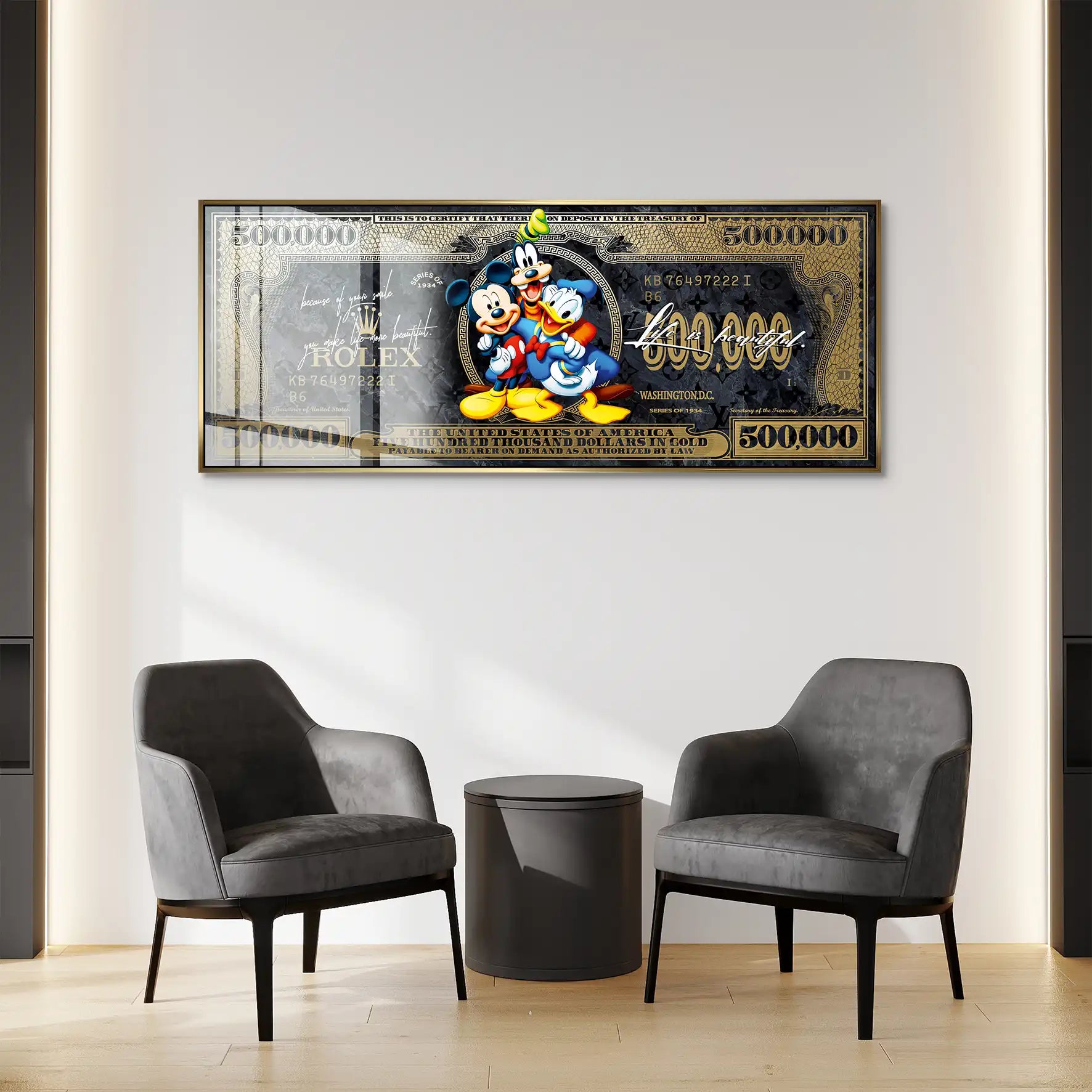 Micky Goofy Donald Gold Dollar Acrylglas Bild INGALERIE