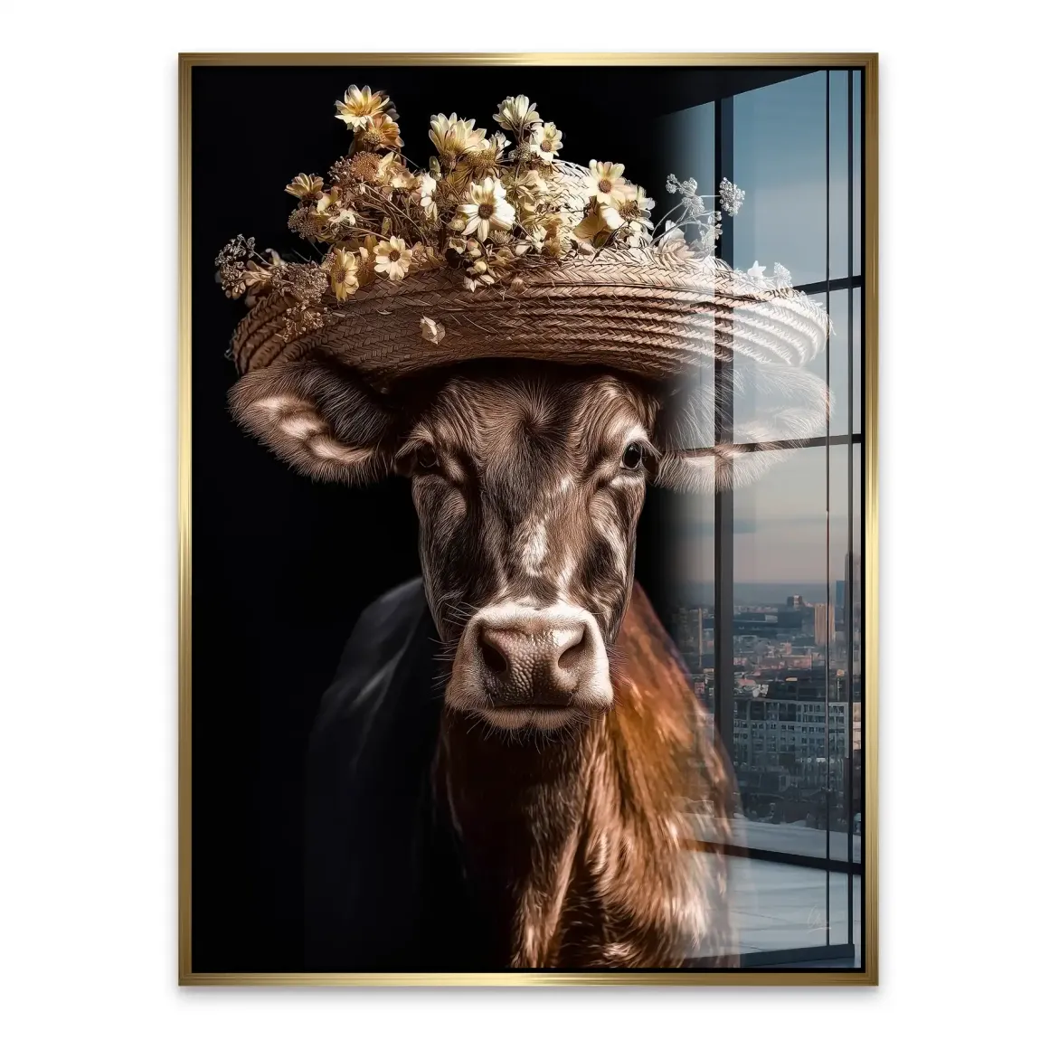 Kuh mit Strohhut Acrylglasbild