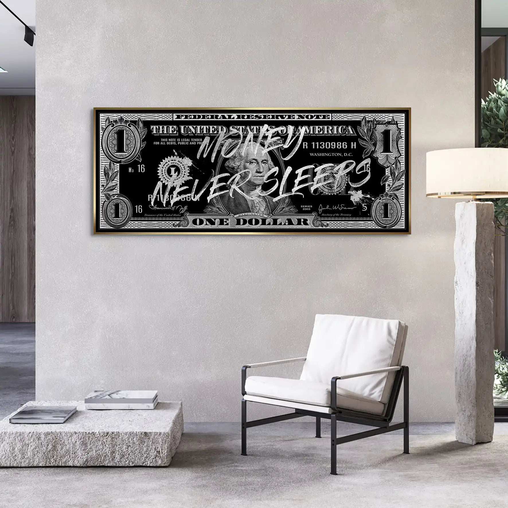 Monney Never Sleeps Dollar Silver AluDibond Bild INGALERIE