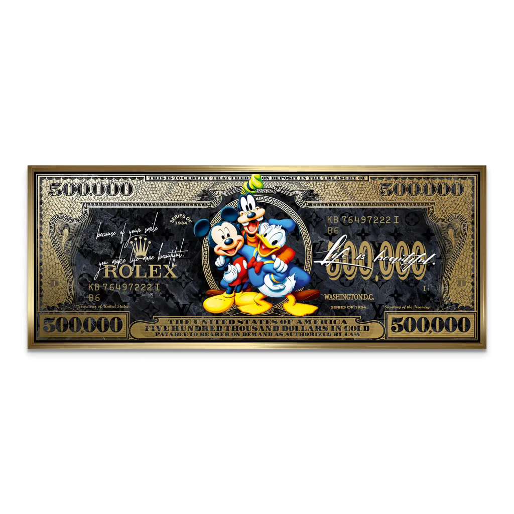 Micky Goofy Donald Gold Dollar AluDibond Bild INGALERIE