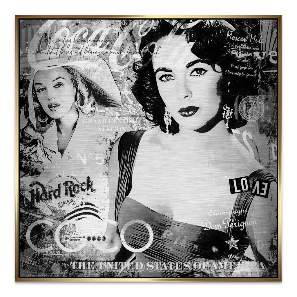 Marilyn & Liz Black Pop Art Style Alu Gebürstet Bild INGALERIE