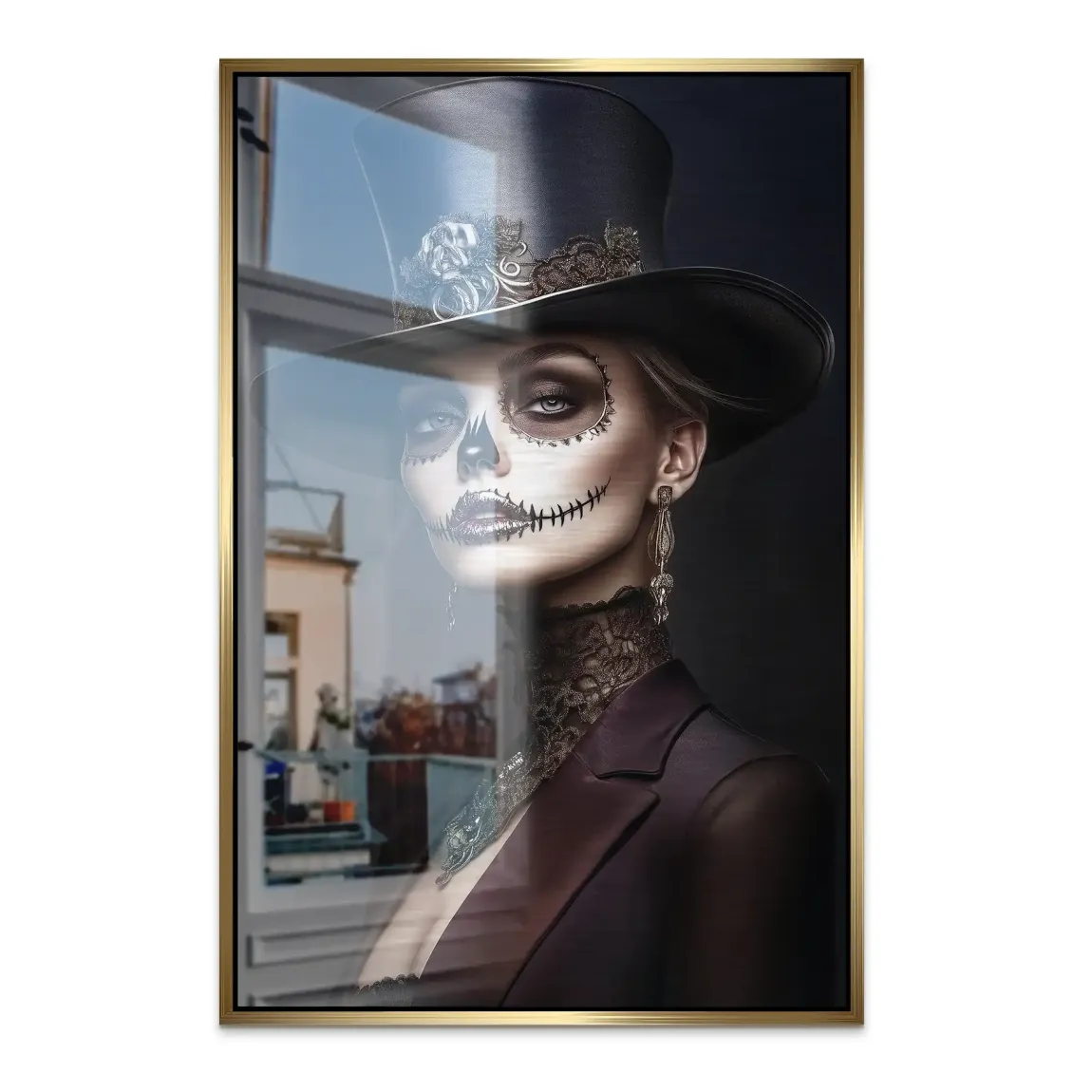 Elegante Lady mit Totenkopf-Make-up Alu Dibond Bild gebürstet INGALERIE