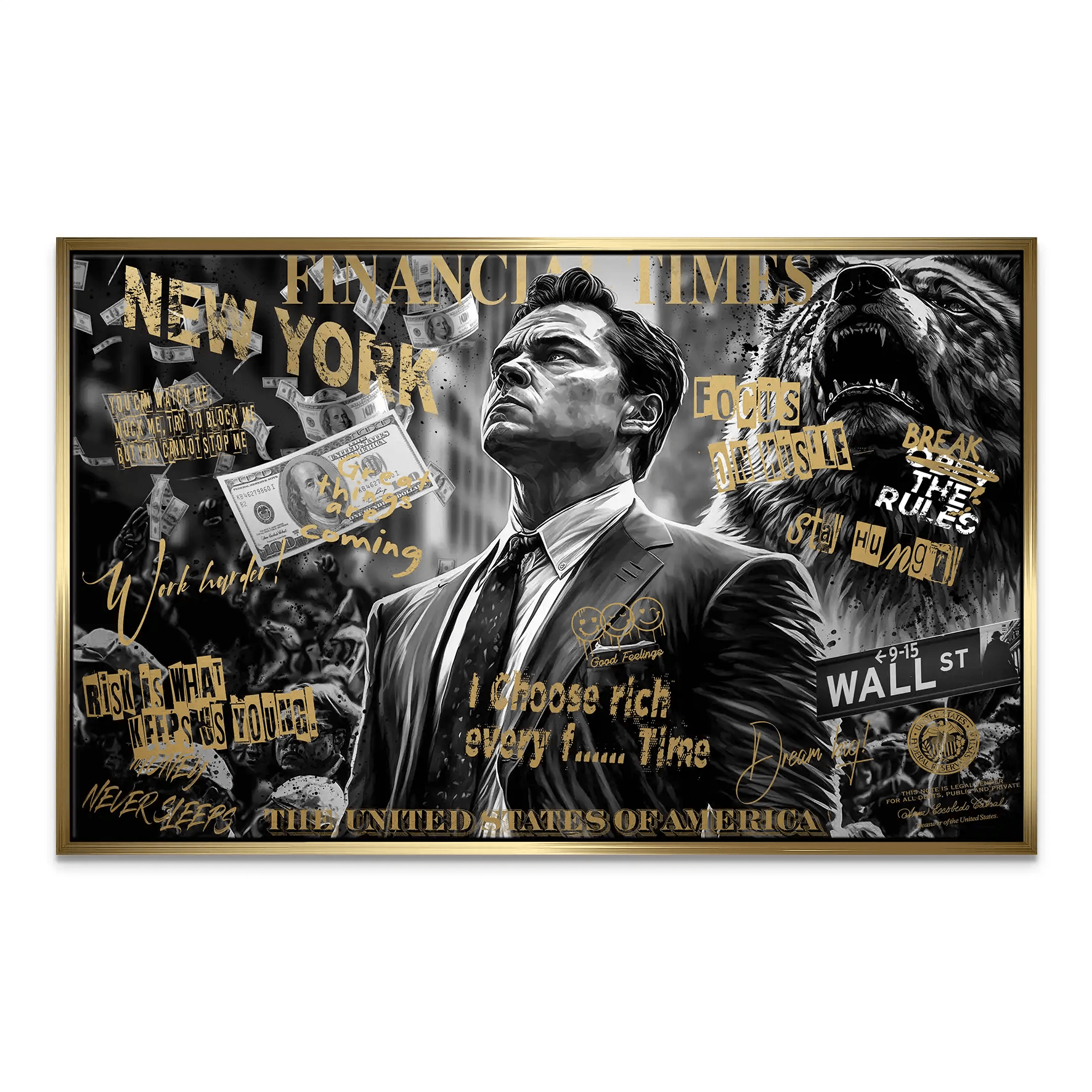 Wallstreet Wolf Gold Style Leinwand Bild INGALERIE