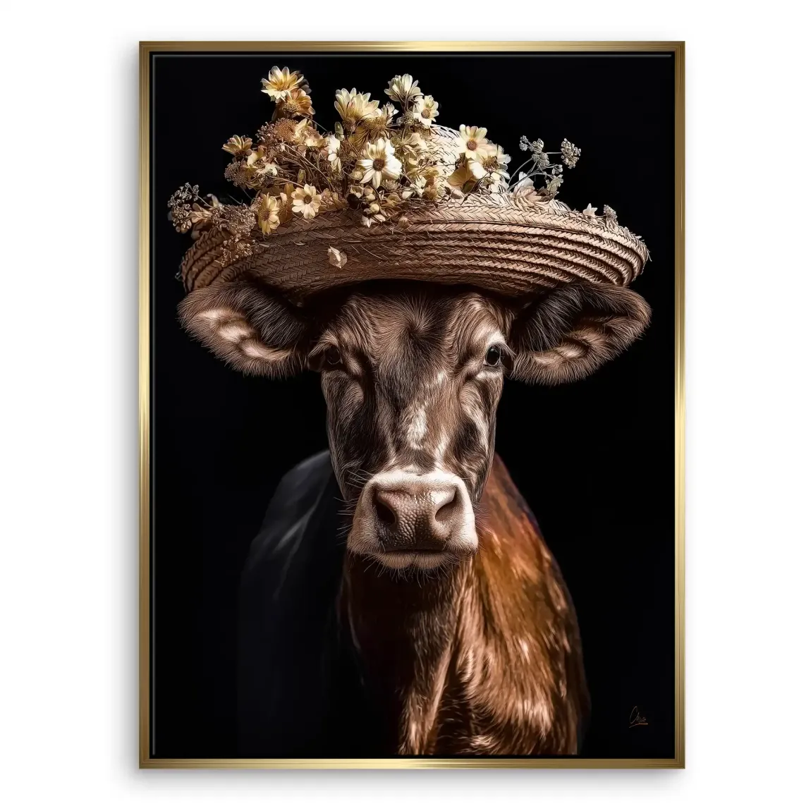 Kuh mit Strohhut Leinwand Bild