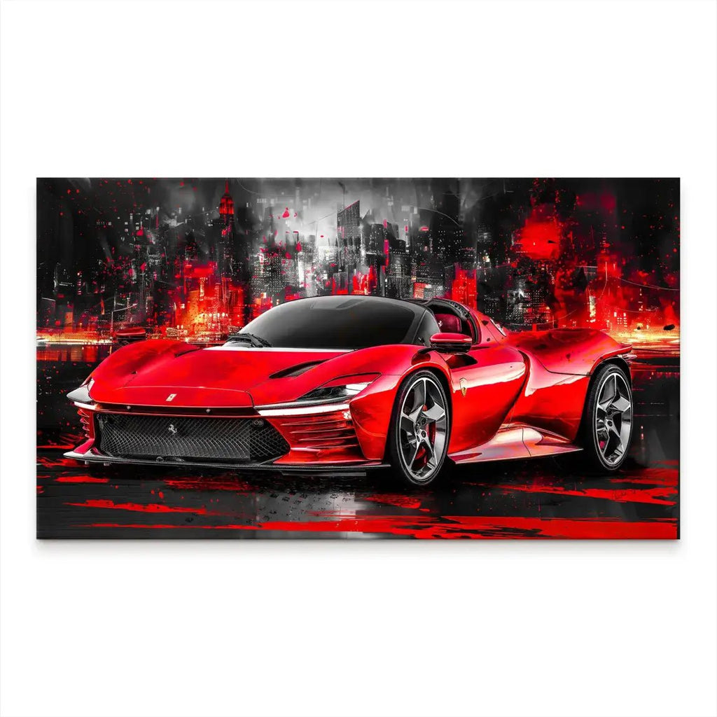 Tableau Sur Toile Ferrari - Décoration Murale Abstraite Sportive - Cadre Bois - Neuf