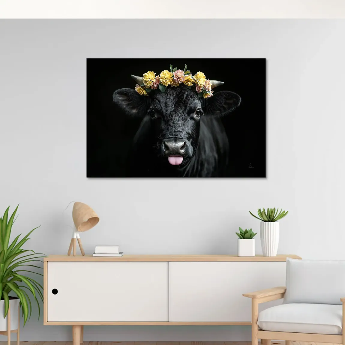 Blumige Kuh Leinwand Bild