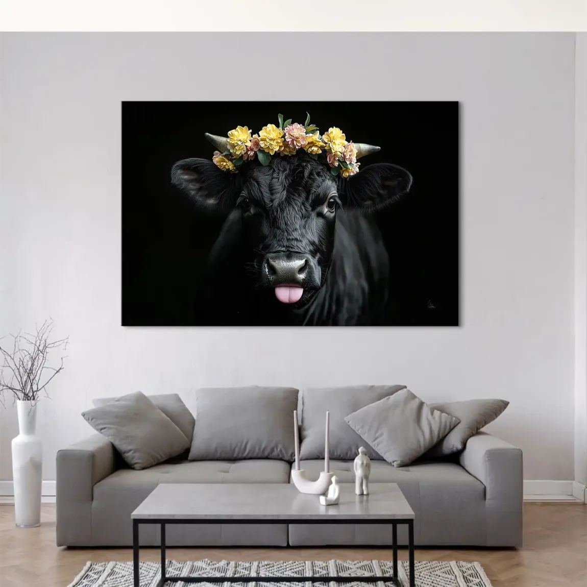 Blumige Kuh Leinwand Bild