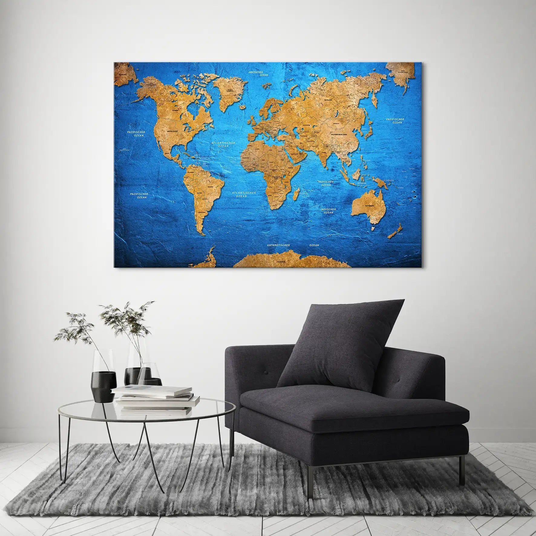 Weltkarte Blue Stone Leinwand Bild INGALERIE