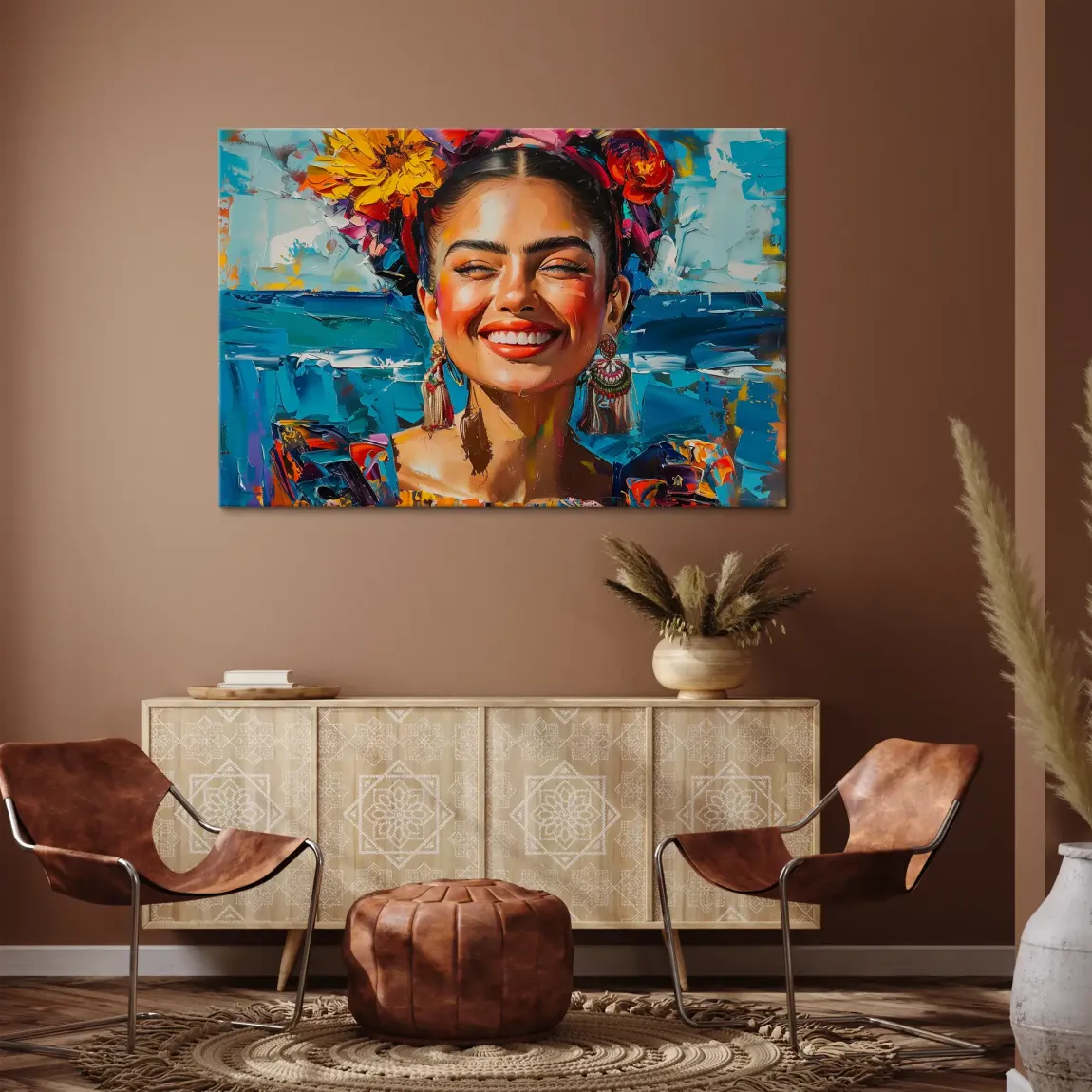 Frida lacht in Farbenpracht Leinwand Bild INGALERIE