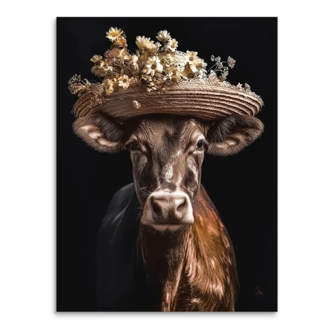 Kuh mit Strohhut Leinwand Bild