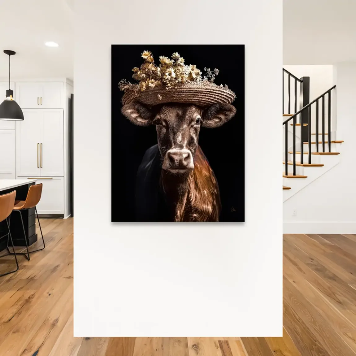 Kuh mit Strohhut Leinwand Bild