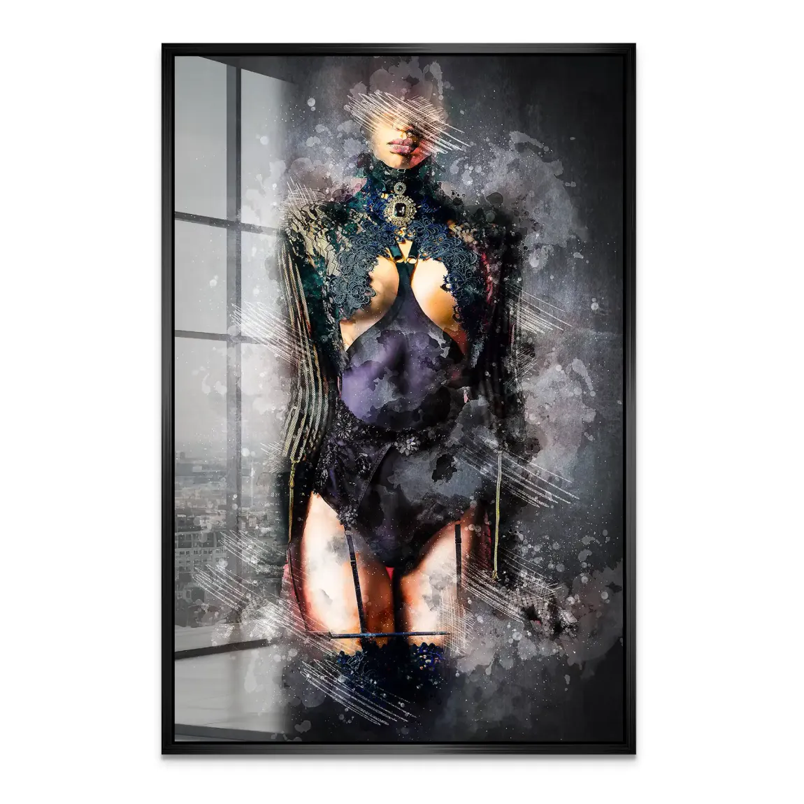 Stille Rebellion in schwarzer Spitze Acrylglas Bild INGALERIE
