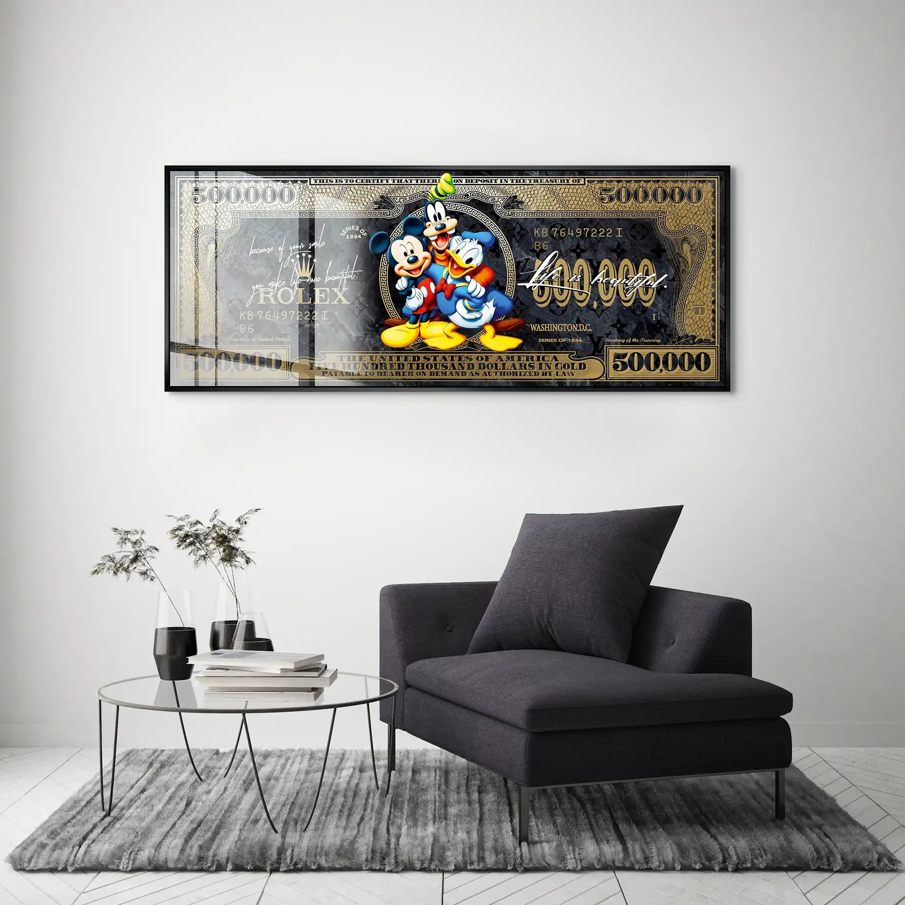 Micky Goofy Donald Gold Dollar Acrylglas Bild INGALERIE