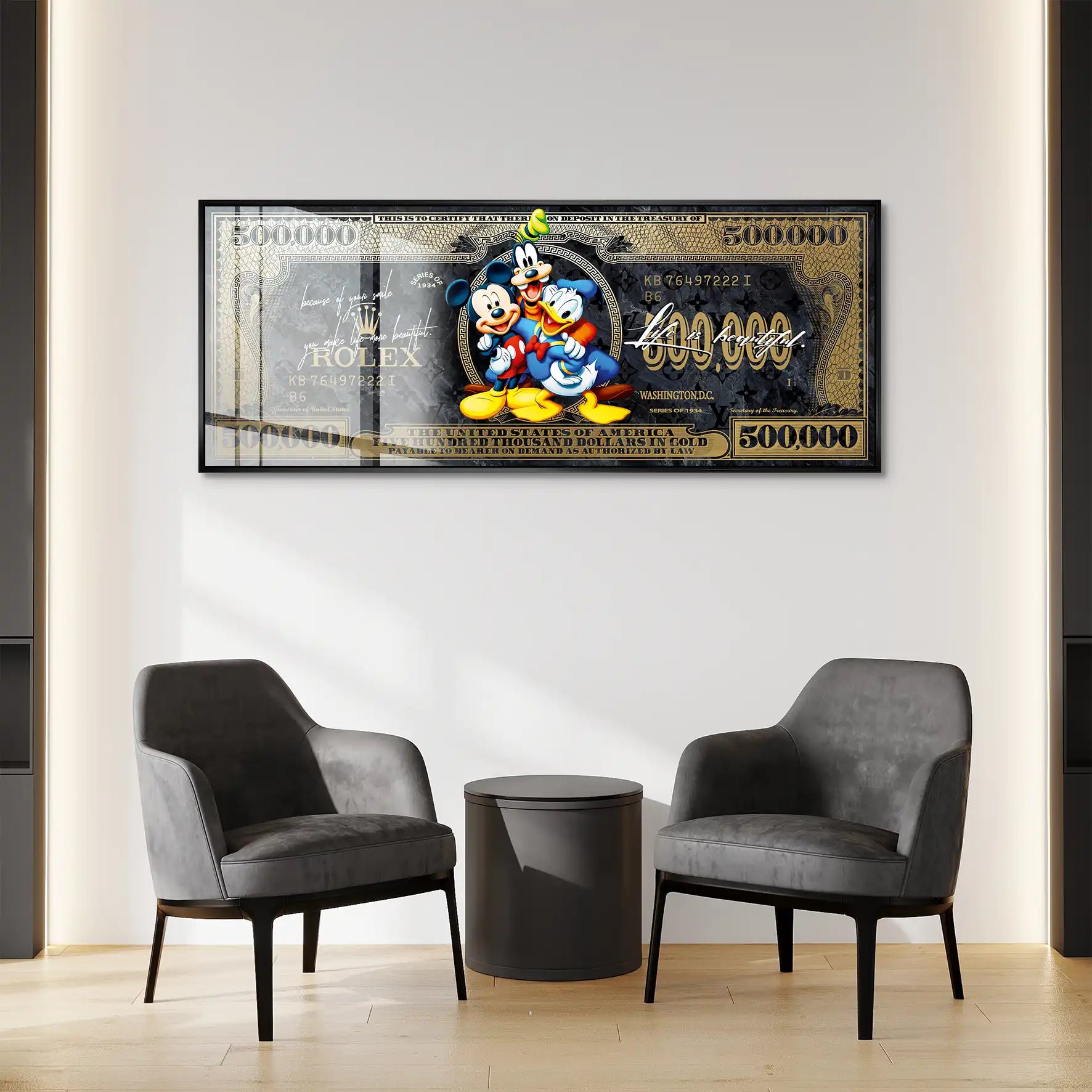 Micky Goofy Donald Gold Dollar Acrylglas Bild INGALERIE