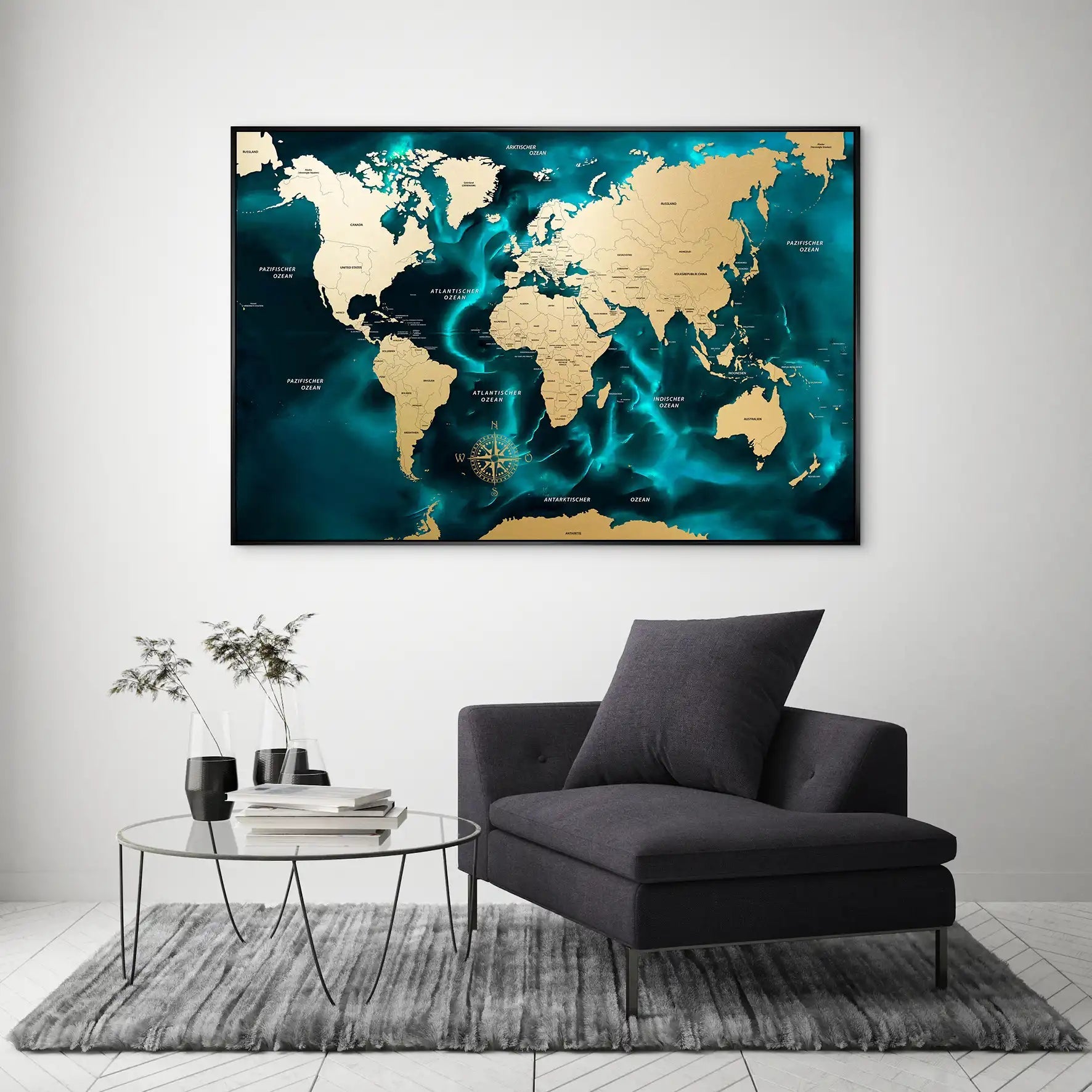 Weltkarte Ocean Türkis AluDibond Bild INGALERIE