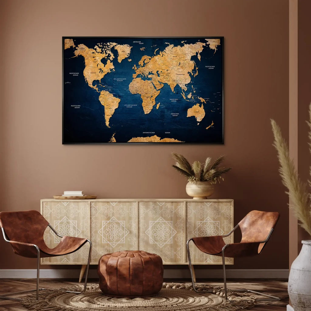 Weltkarte Dark Blue AluDibond Bild INGALERIE