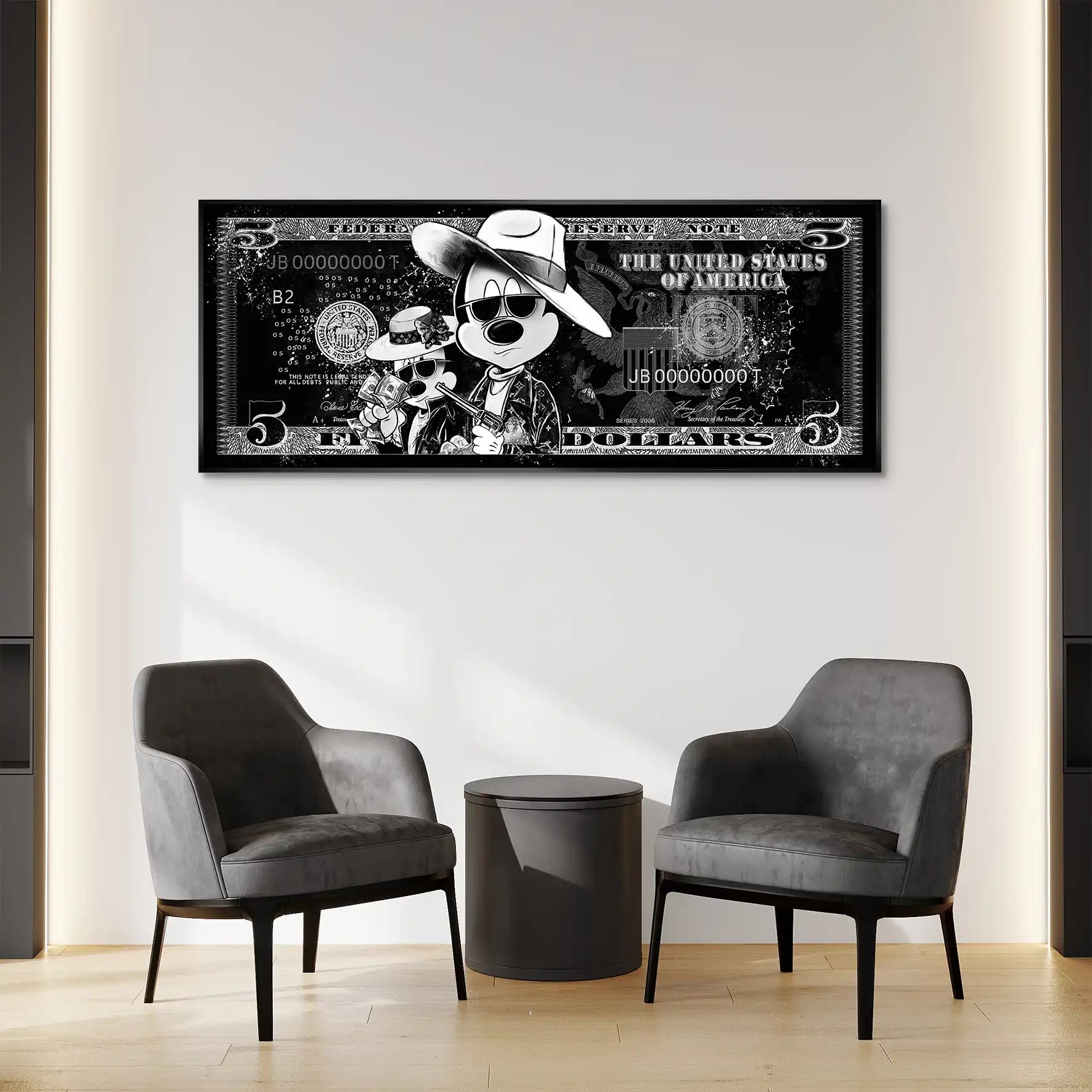 Micky und Minnie Dollar Black Pop Art AluDibond Bild INGALERIE