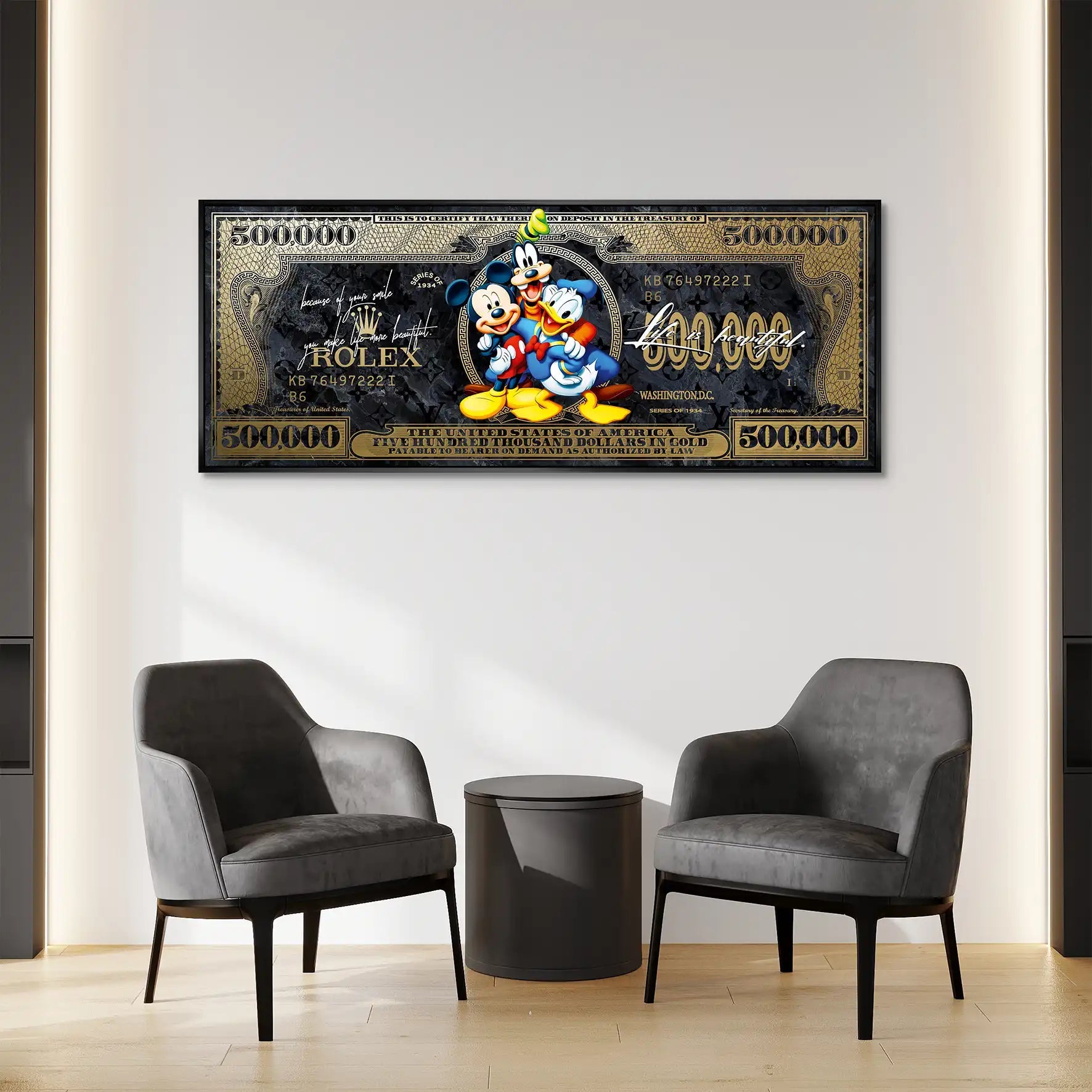 Micky Goofy Donald Gold Dollar AluDibond Bild INGALERIE