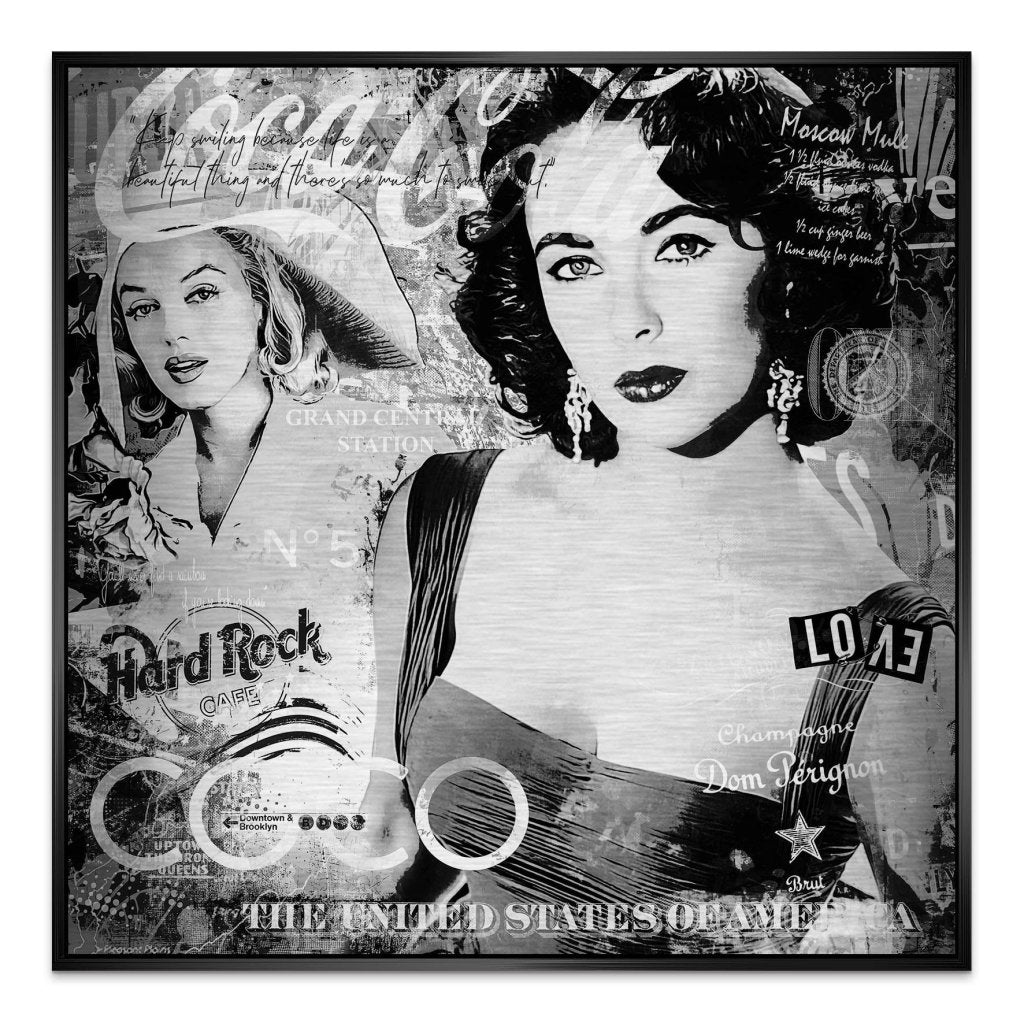 Marilyn & Liz Black Pop Art Style Alu Gebürstet Bild INGALERIE