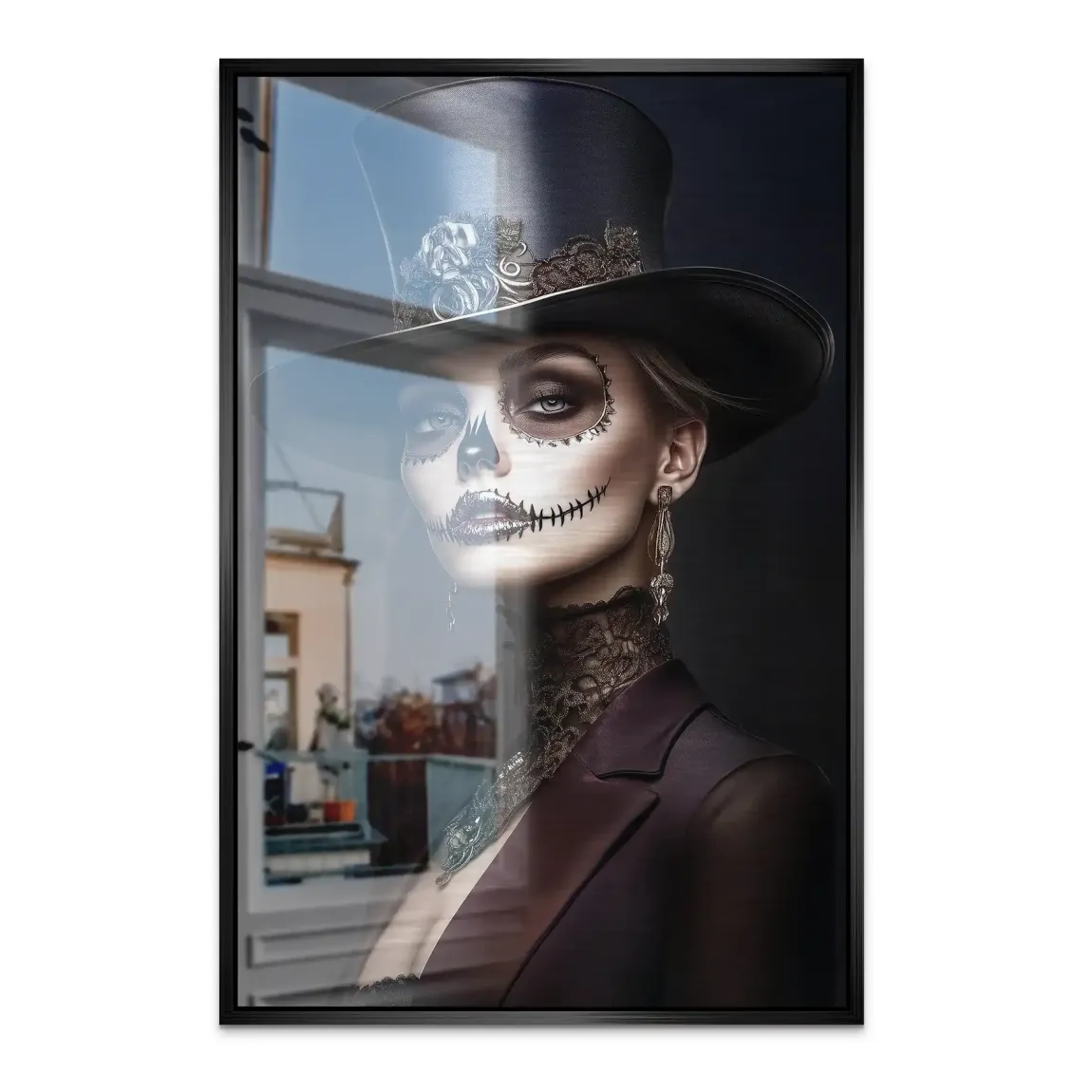 Elegante Lady mit Totenkopf-Make-up Alu Dibond Bild gebürstet INGALERIE