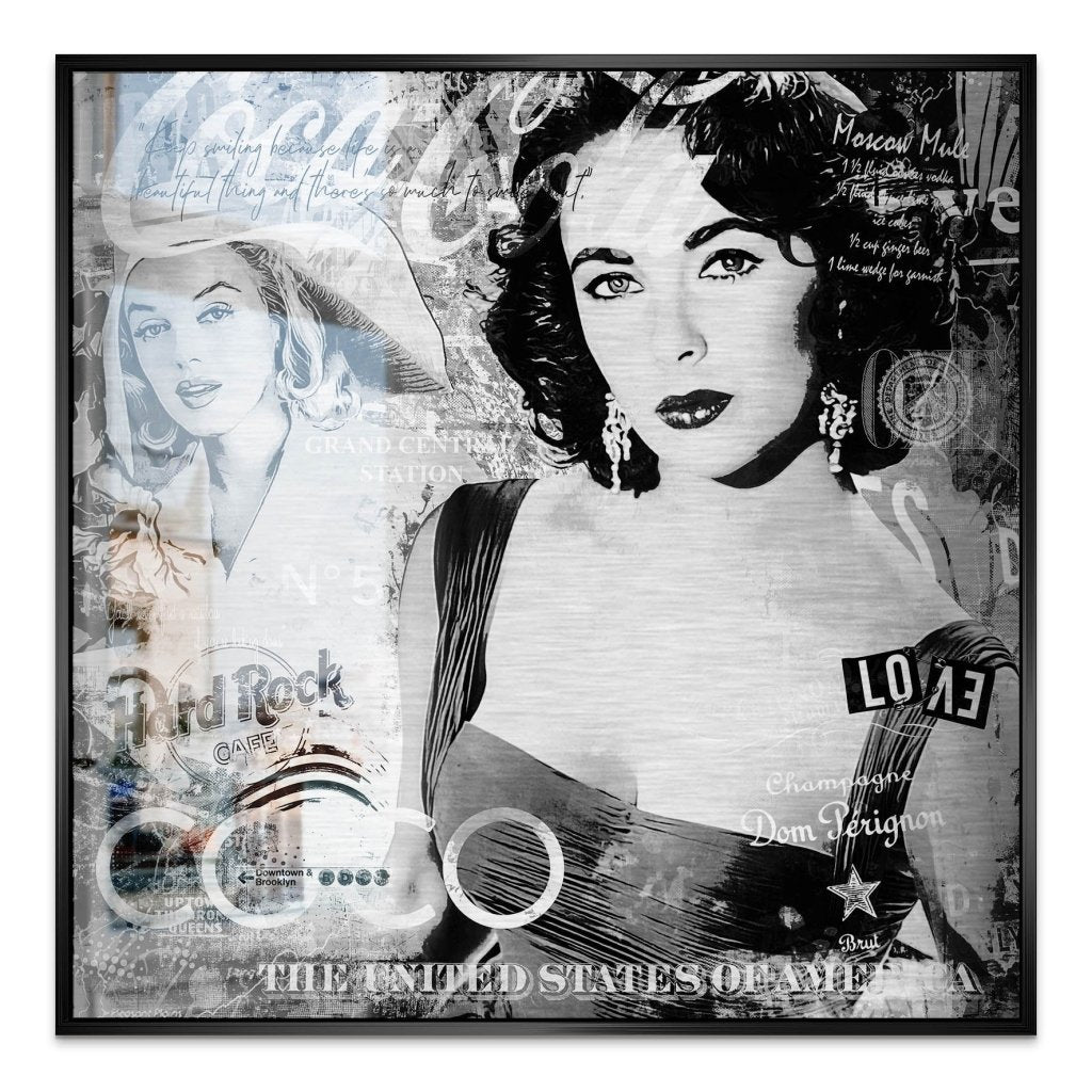 Marilyn & Liz Black Pop Art Style Alu Gebürstet Bild INGALERIE