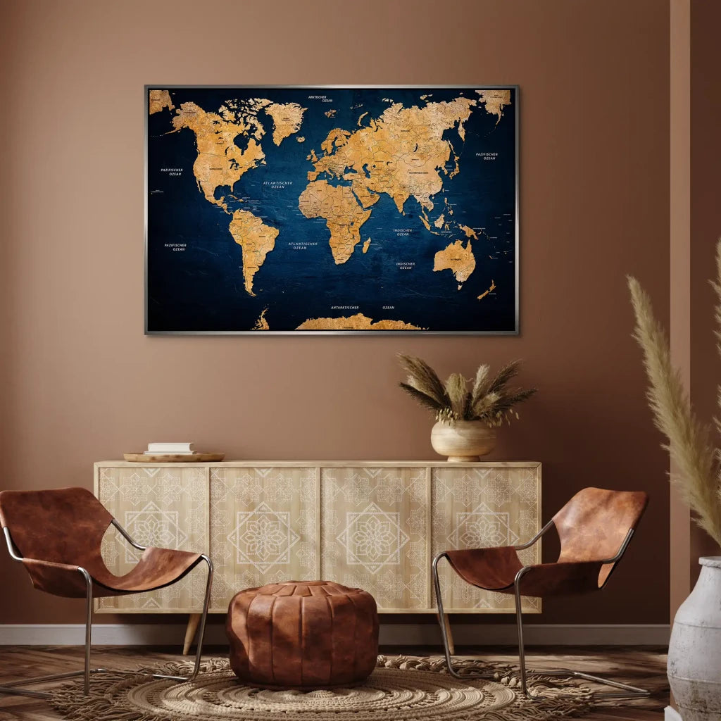Weltkarte Dark Blue AluDibond Bild INGALERIE