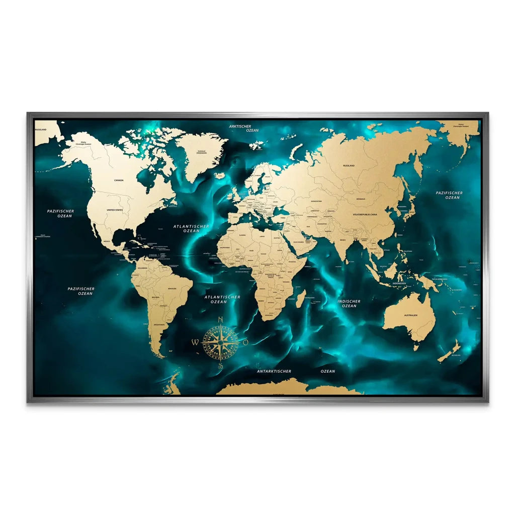 Weltkarte Ocean Türkis AluDibond Bild INGALERIE
