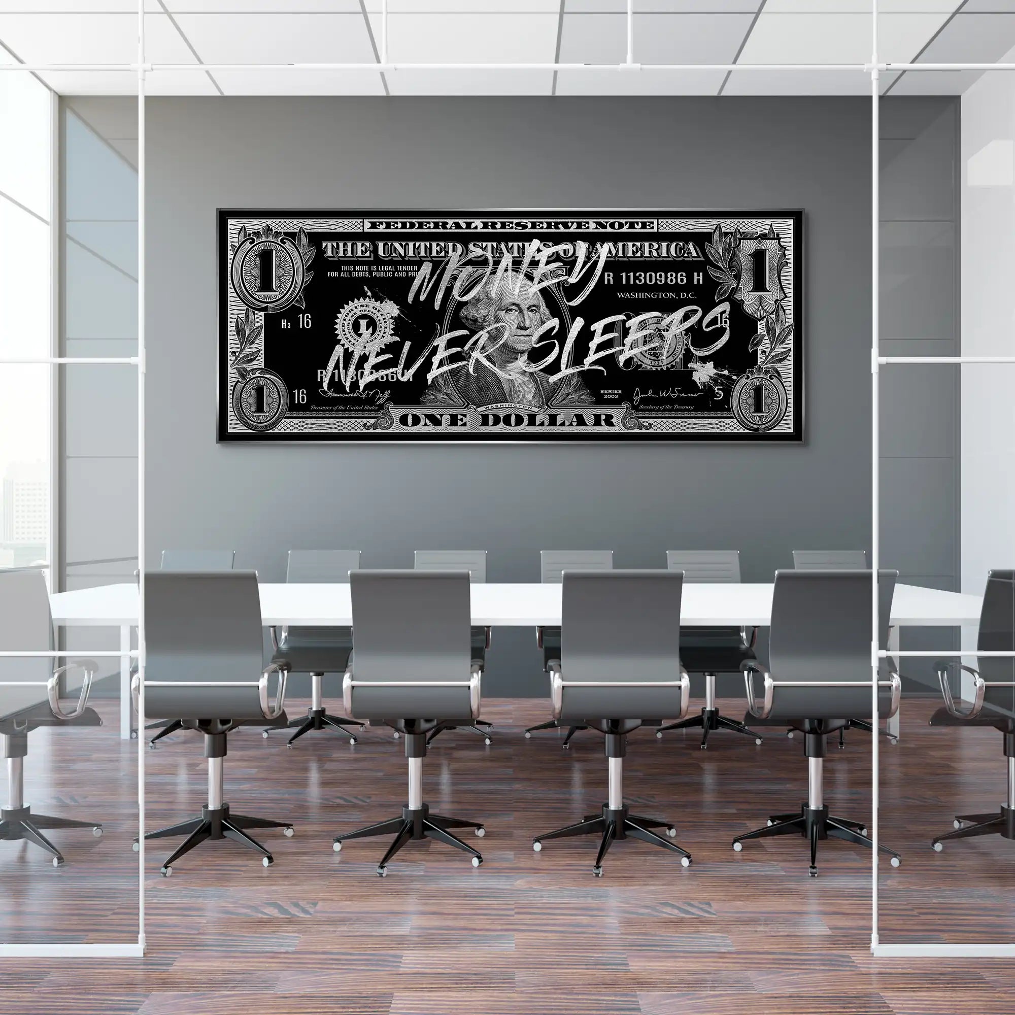 Monney Never Sleeps Dollar Silver AluDibond Bild INGALERIE