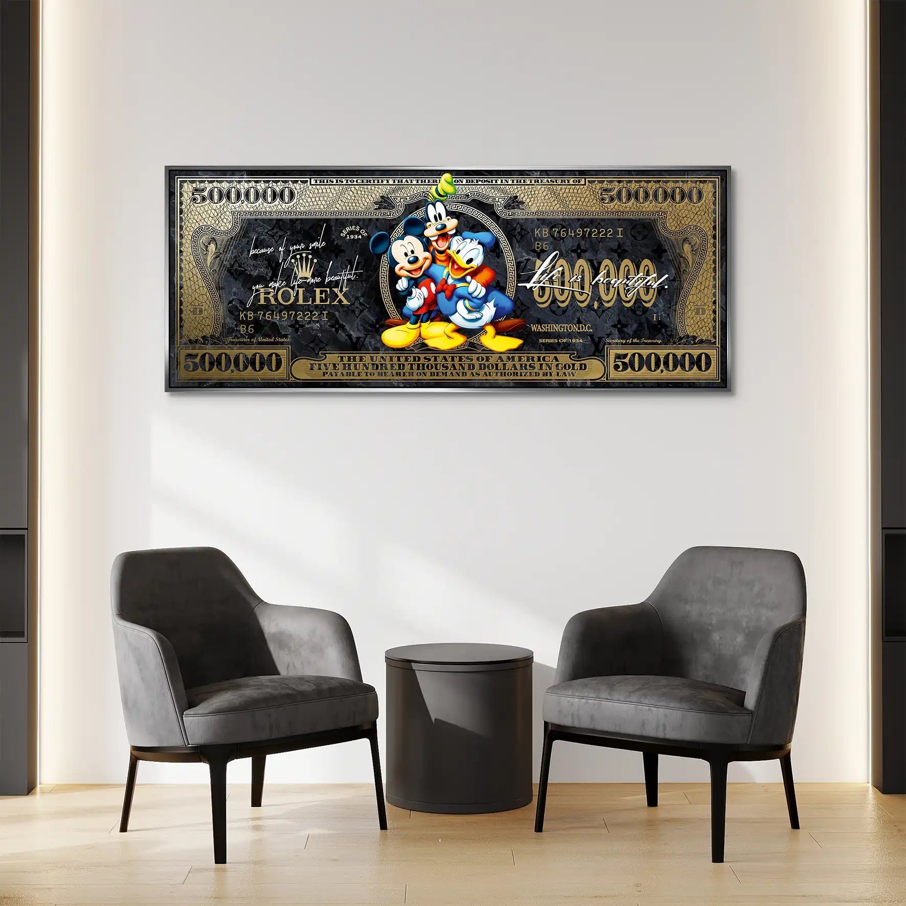 Micky Goofy Donald Gold Dollar AluDibond Bild INGALERIE