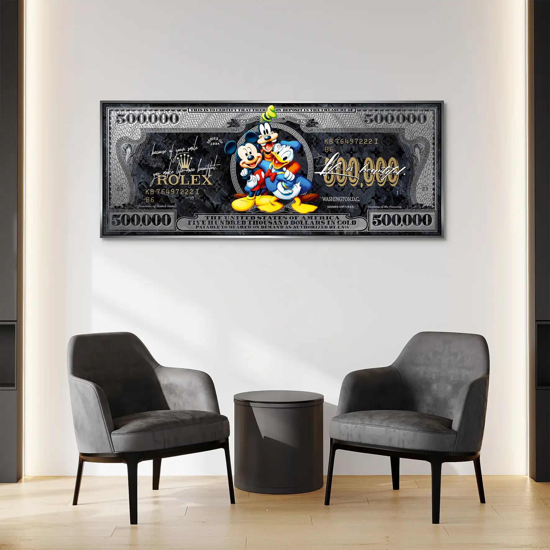 Micky Goofy Donald Dollar AluDibond Bild INGALERIE