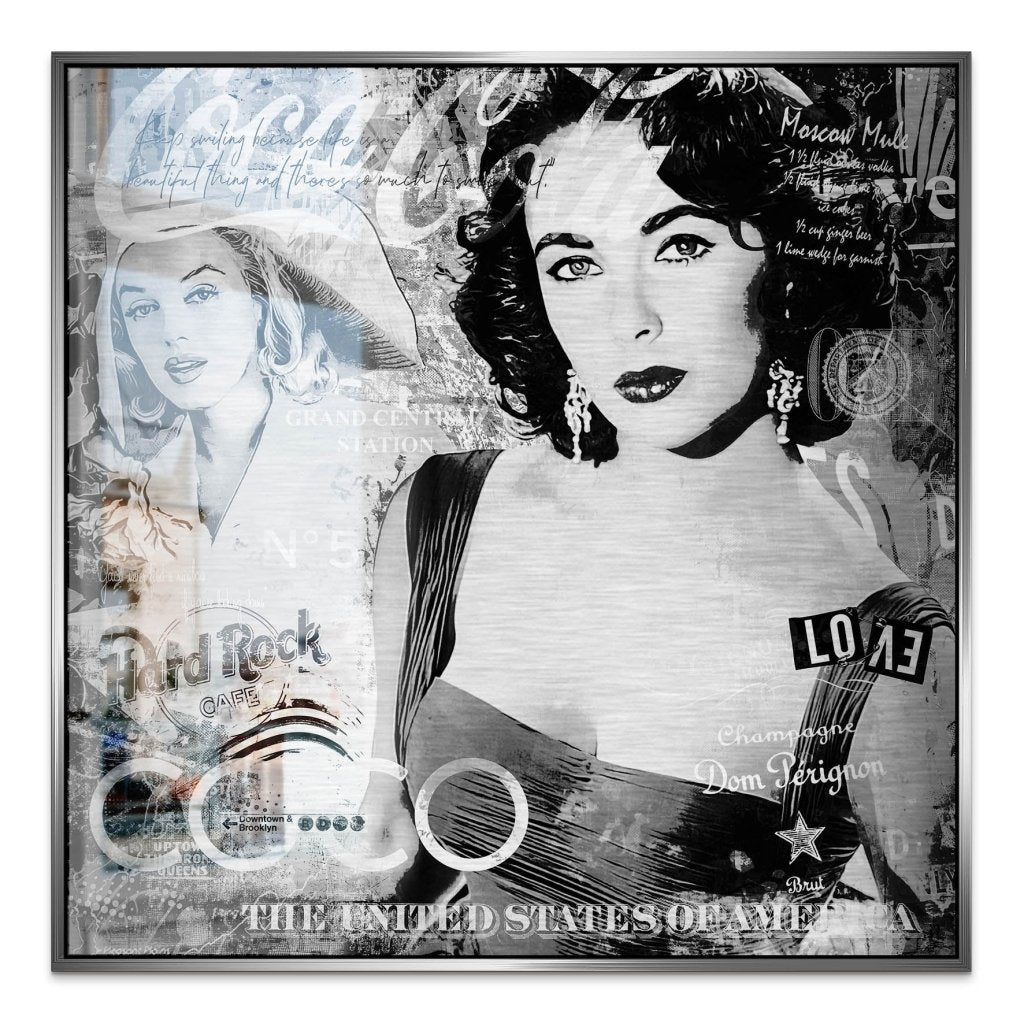 Marilyn & Liz Black Pop Art Style Alu Gebürstet Bild INGALERIE