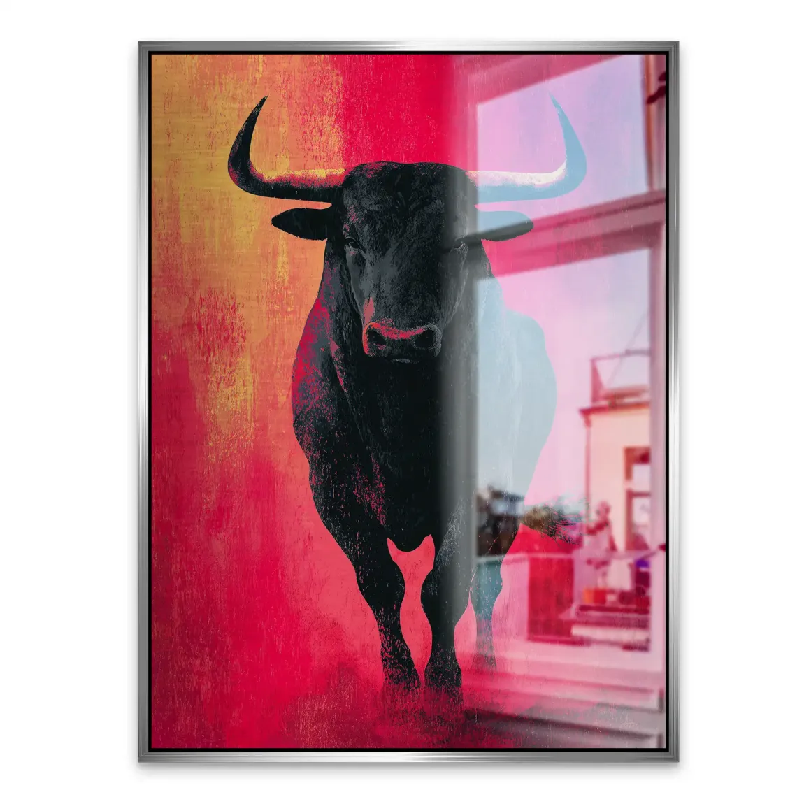 Stier in Rot Aluminiumbild gebürstet