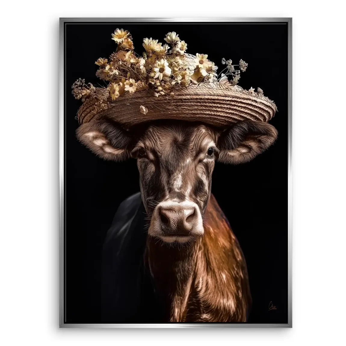 Kuh mit Strohhut Leinwand Bild